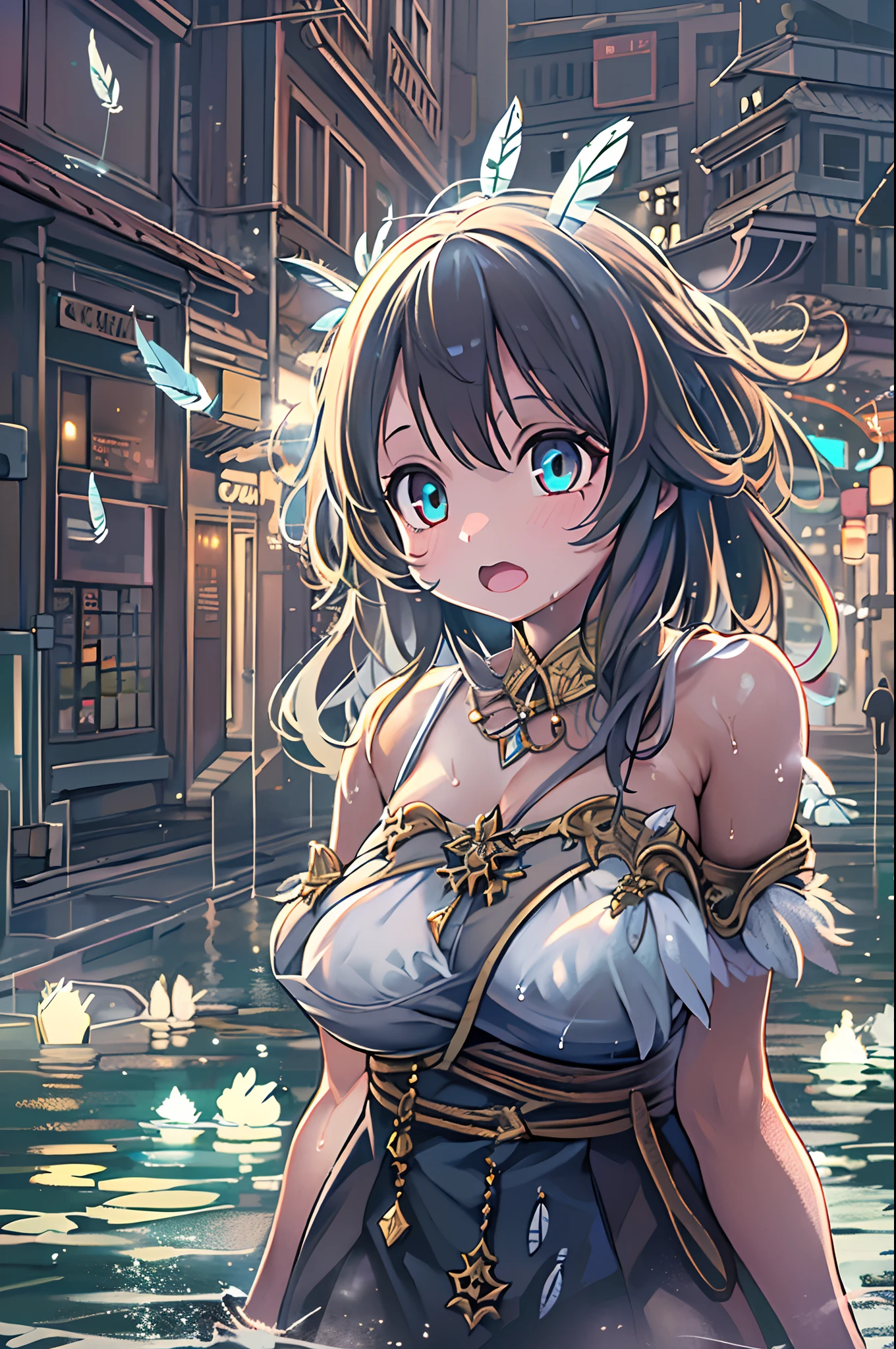 absurderes, hight resolution,, (1girl in, Solo), Big eyes,, townscape,, (Water Effects, Light Effects, fluttering feathers:1.2),bbw