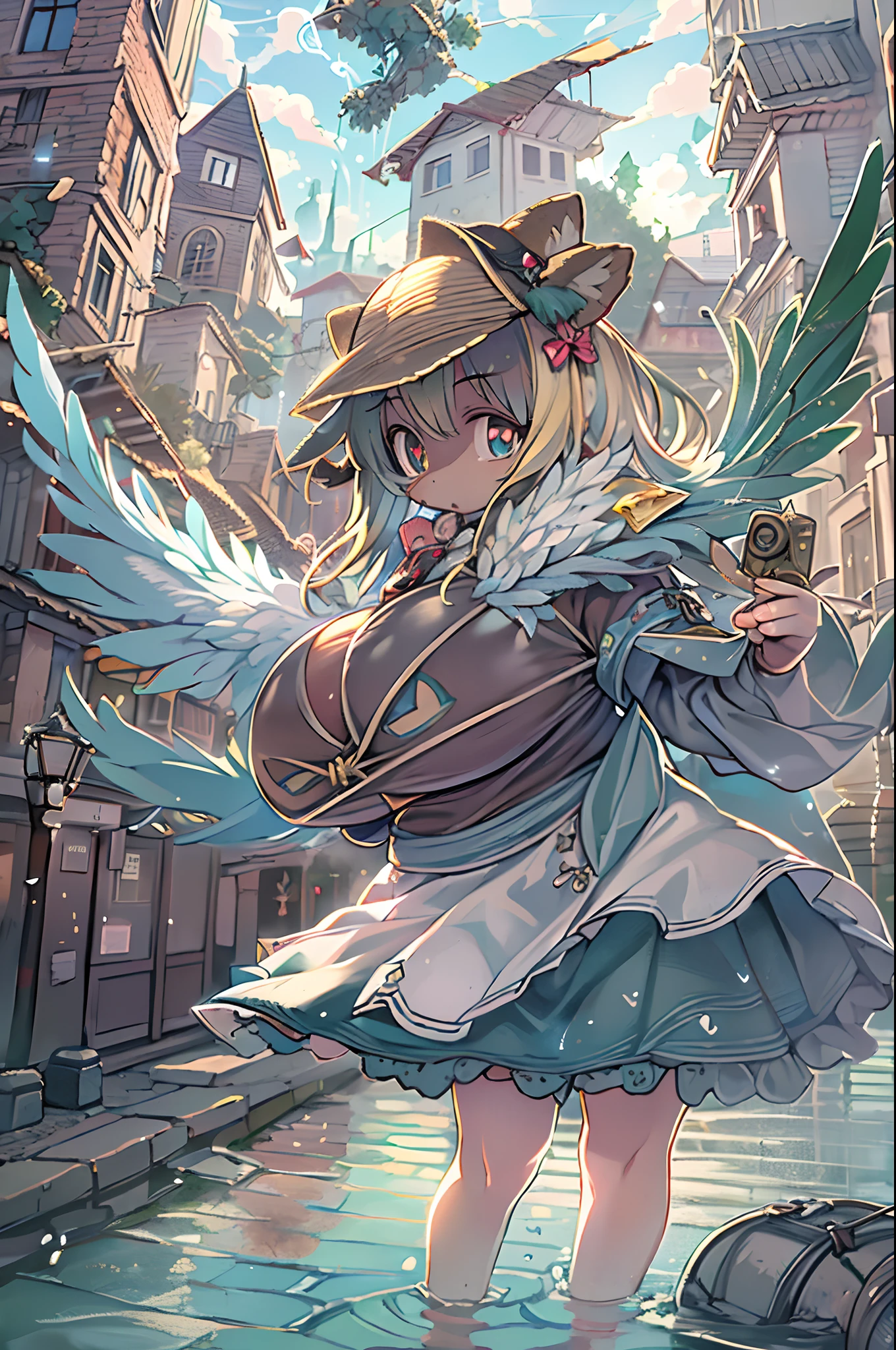 absurderes, hight resolution,, (1girl in, Solo), Big eyes,, townscape,, (Water Effects, Light Effects, fluttering feathers:1.2),bbw