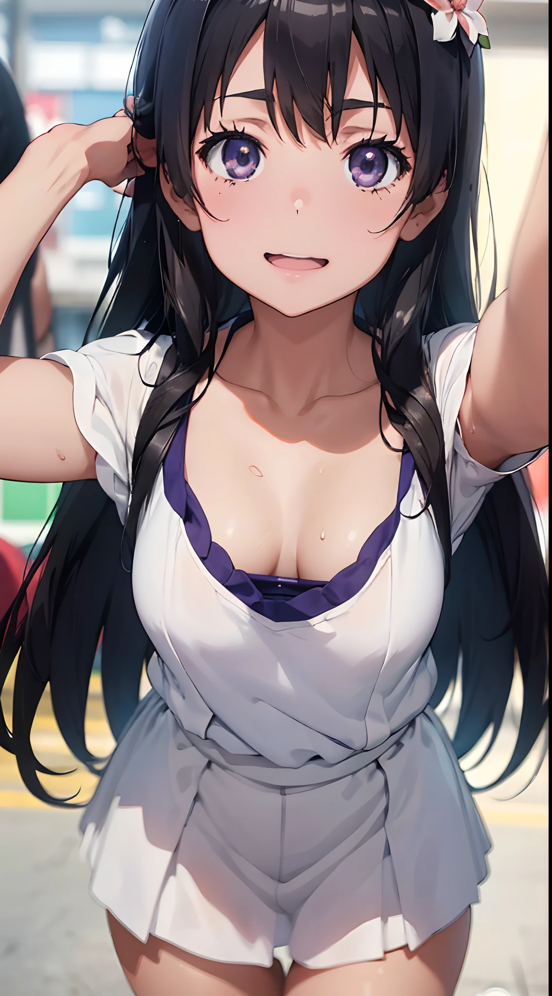 One lady,12year old,japanes,(((cheer girl))),Upper body portrait,,Wet with sweat,Natural smile,Clothes are wet,(((Nariko Saten)))High quality, detail, Depth and finesse。stares at the camera。Use of fisheye lenses、Beast hairstyle ban、Maintain finger shape、impact-resistanthigh-quality, detail, Depth and 3D effects。Worthy of 16k wallpapers。The texture of the material changes.、Realistic expression.。Official art。Natural light,((Realism: 1.2)), dynamic far view shot,Cinematic lighting, Perfect composition, by sumic.Has a small, ultra-detailliert, Official art, masutepiece, (Best Quality:1.3), glint, Highly detailed CG Unity 16K wallpaper, Detailed background, masutepiece, Best Quality, (masutepiece), (Best Quality:1.4), (超A high resolution:1.2), (hyper realisitic:1.4), (Photorealistic:1.2), Best Quality, High quality, hight resolution, Detail Enhancement,