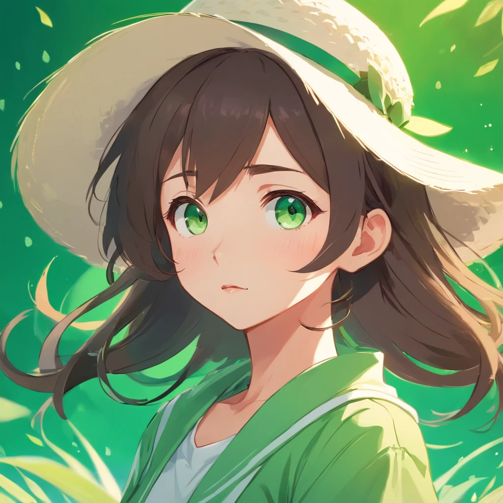 a cute girl with a round face, long hair, wearing a hat, green and white clothes, beautiful eyes, green pupils, multiple expressions and movements, including shyness, joy, sadness and other emotions. Green background, rich details, cute, --ar 1:1 --niji