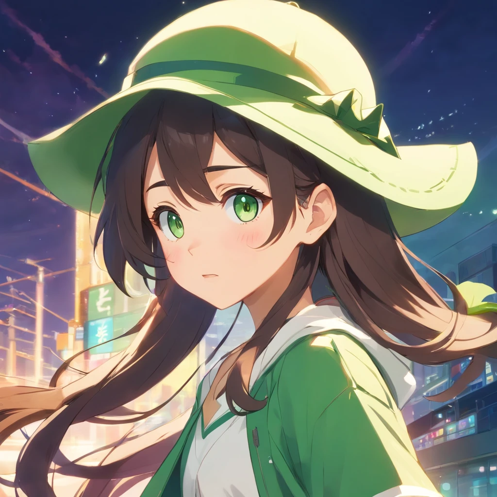 a cute girl with a round face, long hair, wearing a hat, green and white clothes, beautiful eyes, green pupils, multiple expressions and movements, including shyness, joy, sadness and other emotions. Green background, rich details, cute, --ar 1:1 --niji