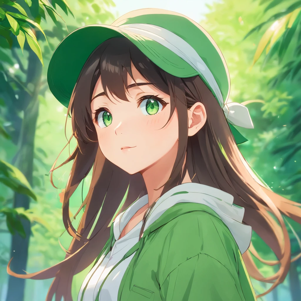 a cute girl with a round face, long hair, wearing a hat, green and white clothes, beautiful eyes, green pupils, multiple expressions and movements, including shyness, joy, sadness and other emotions. Green background, rich details, cute, --ar 1:1 --niji