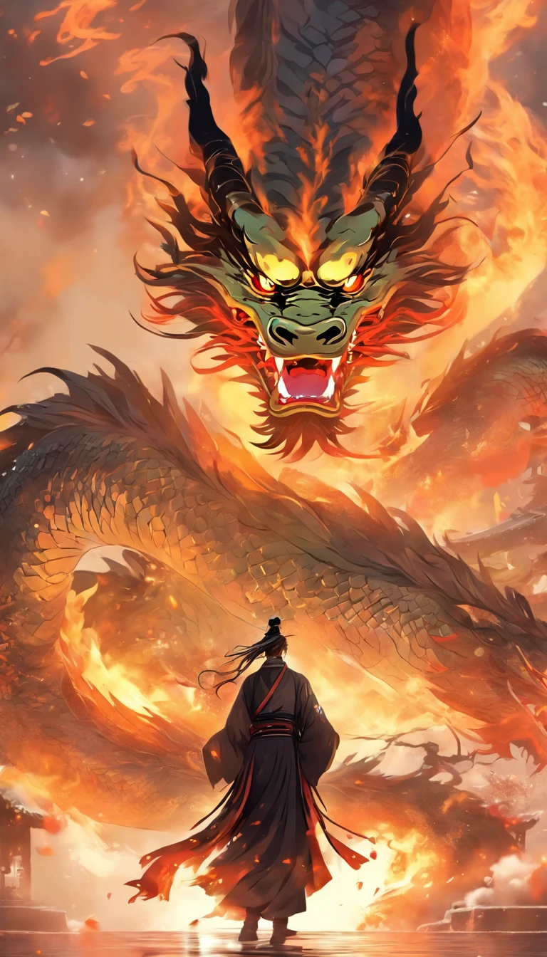 China-style,中景 the scene is,The Taoist priest stood in front of the huge dragon,Stretch your hands,Long messy hair,Glow effects,Hyper-realistic,Ultra photo realsisim,Chinese black and white ink style,Silver,Decolorization,Smudge,ink,8K,super-fine,high qulity,OC renderer