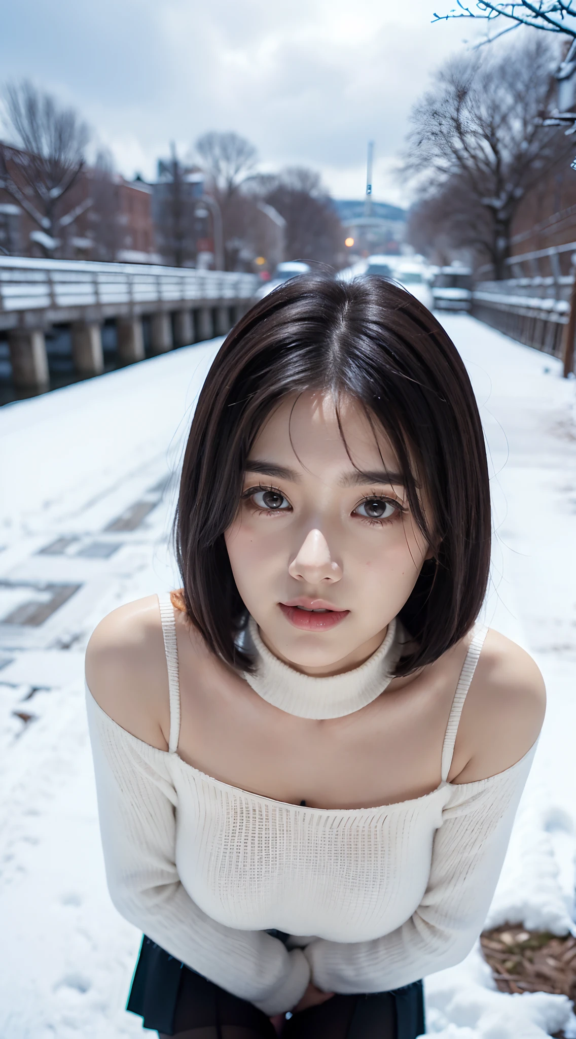 (closeup shot:1.4)、(Raw-Photo:1.2)、(Photorealcitic:1.4)、(​masterpiece:1.3)、(Top  Quality:1.4)、dream-like、(A detailed eye)、(Detailed facial features)、(detailed clothing features)、clear skin、(shinny skin)、(Slender and Beautiful Girl)、(Beautiful bridge lines)、one girls、(FULL BODYSHOT)、独奏、cute little、Happy smiling face、(tits huge)、beauty breast、bangss、Short bob、A dark-haired、black  eyes、Long scarf、White wool sweater、off-the-shoulders、mini-skirt、Black thick pantyhose、Snow boots、I can see the panties、indecency、Erotic、