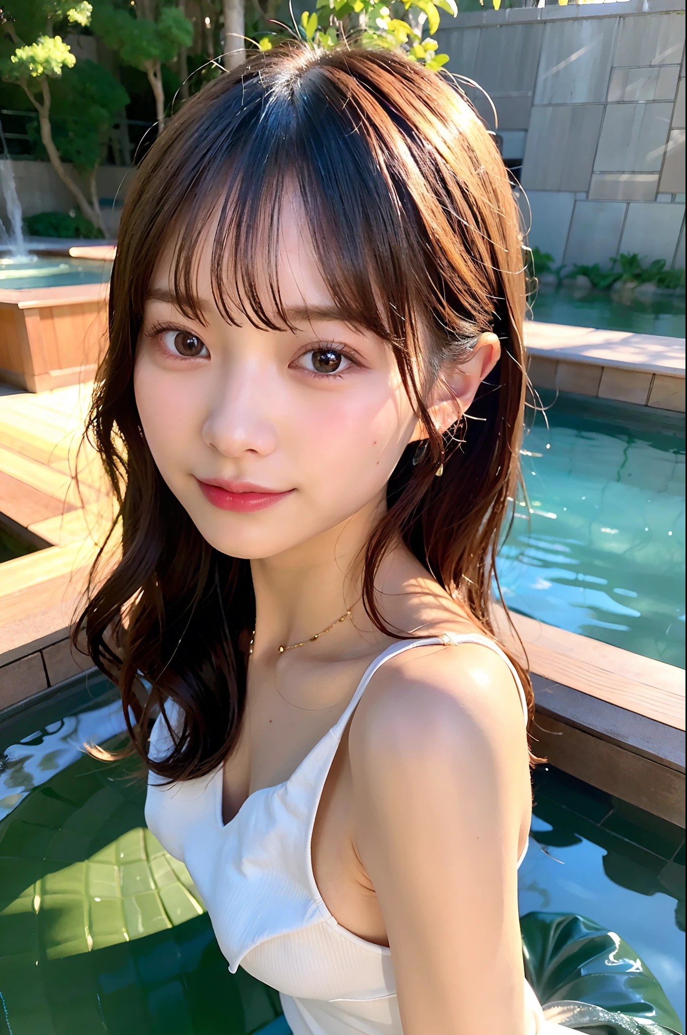 (top-quality、8K、32K、masuter piece、nffsw:1.2)、profile、(slim figure:1.2)、(s lips) 、二重まぶた、shinny skin、Realistic rays、mare、beauitful face、(Light smile:1.3)、White teeth、(a closeup:1.4)、blurry backround、(Front Focus)、(Dark: 1.6)、Fantasy Art、photoRealstic、Professional Lighting、extra detailed face、Award-winning、deep-shadows、hot onsen