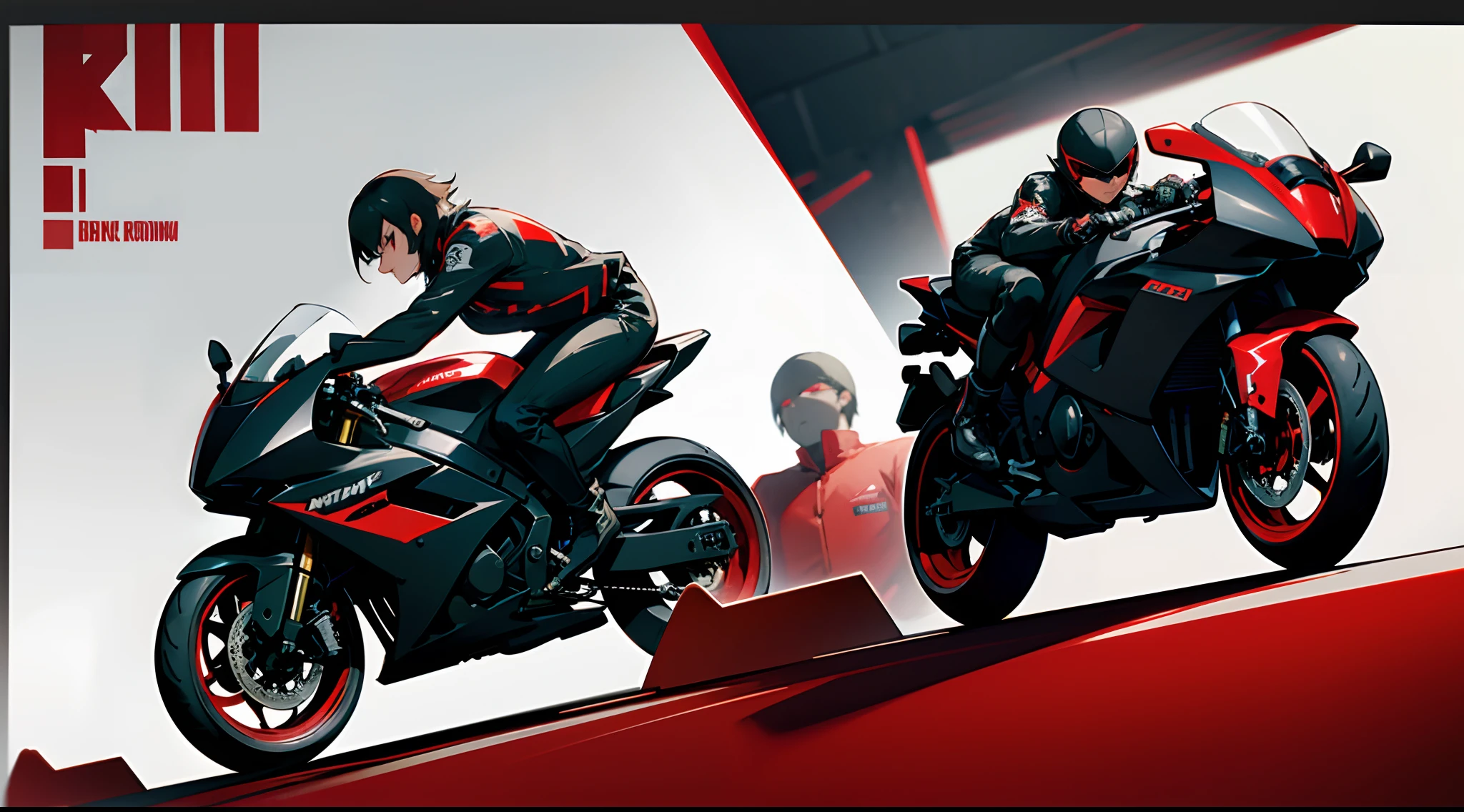 anime man wearing a black t-shirt underneath a red motorcycle racer jacket, black and red motorcycle racer suit, oversize, (athletic body), detailed, character design sheet, different poses, different angles [anti-venom:1.3+rock howard]