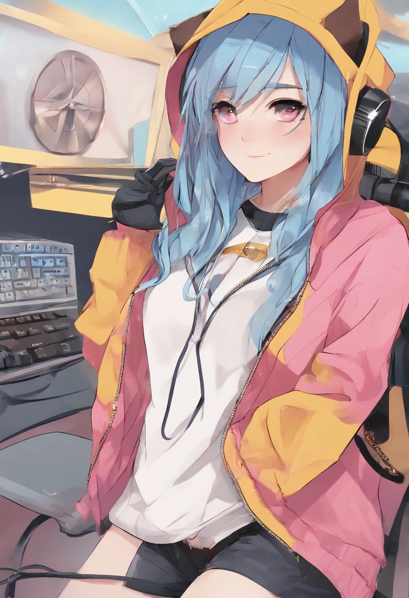 Mika Pikazo, 1girl in, Blue eyes, Blue Hoodie, a computer, earrings, hoods, Hoodie, Jewelry, keyboard (a computer), Logo, Logo Parody, Mouse (a computer), multicolored eyes, Pink hair, trash can, Solo, White background, Yellow eyes, ,