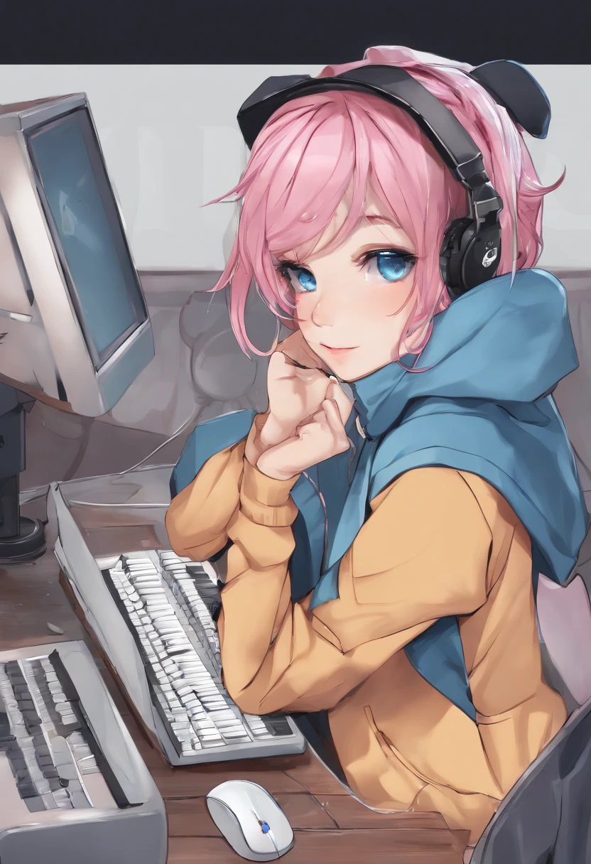 Mika Pikazo, 1girl in, Blue eyes, Blue Hoodie, a computer, earrings, hoods, Hoodie, Jewelry, keyboard (a computer), Logo, Logo Parody, Mouse (a computer), multicolored eyes, Pink hair, trash can, Solo, White background, Yellow eyes, ,