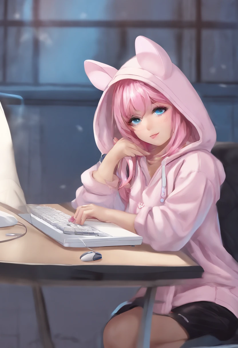 score_9,score_8_up,score_7_up,masterpiece, top quality, best quality, official art, beautiful and aesthetic, animation, , 1girl with cat ear, perfect figure, pink hair, complicated details, bedroom, shy, playing games, bunny outfit, long pink hair ,