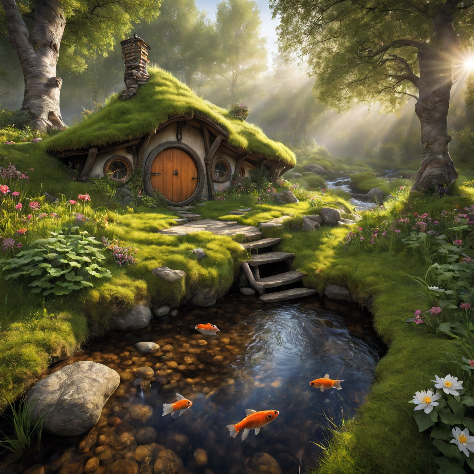 Raw photo, 8k uhd, dslr, photo-realistic, hyperrealism, 8k resolution, hdr, highly detailed, ultra detailed.
The house of the hobbit in the birch grove near the stream.
(The dwarf catches fish).
Moss, a little morning fog, dawn, sunrise, rays of light through the leaves of trees, flowers on the grass, bright little butterflies, frogs in the water of the stream.