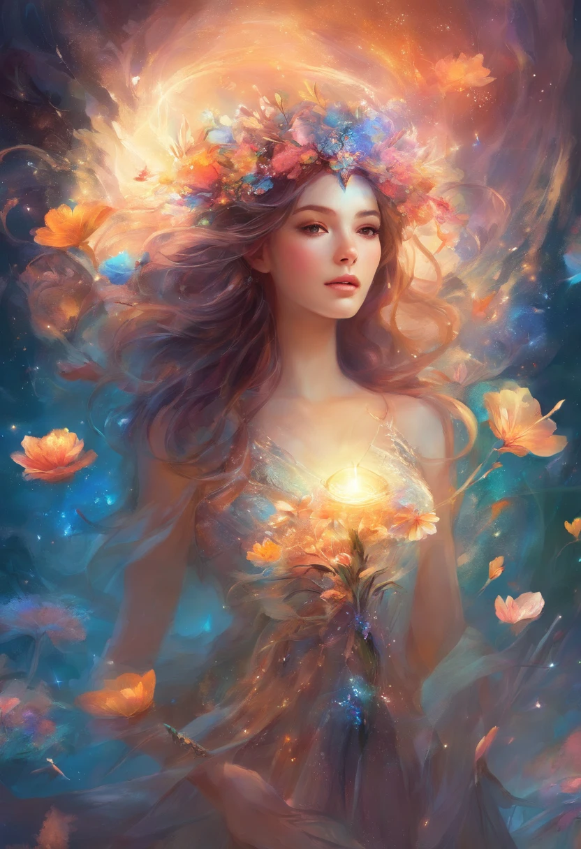 under the water,Colorful universe,Flowers on the face,Woman in see-through dress,planetes,sparklers,cream-colored
