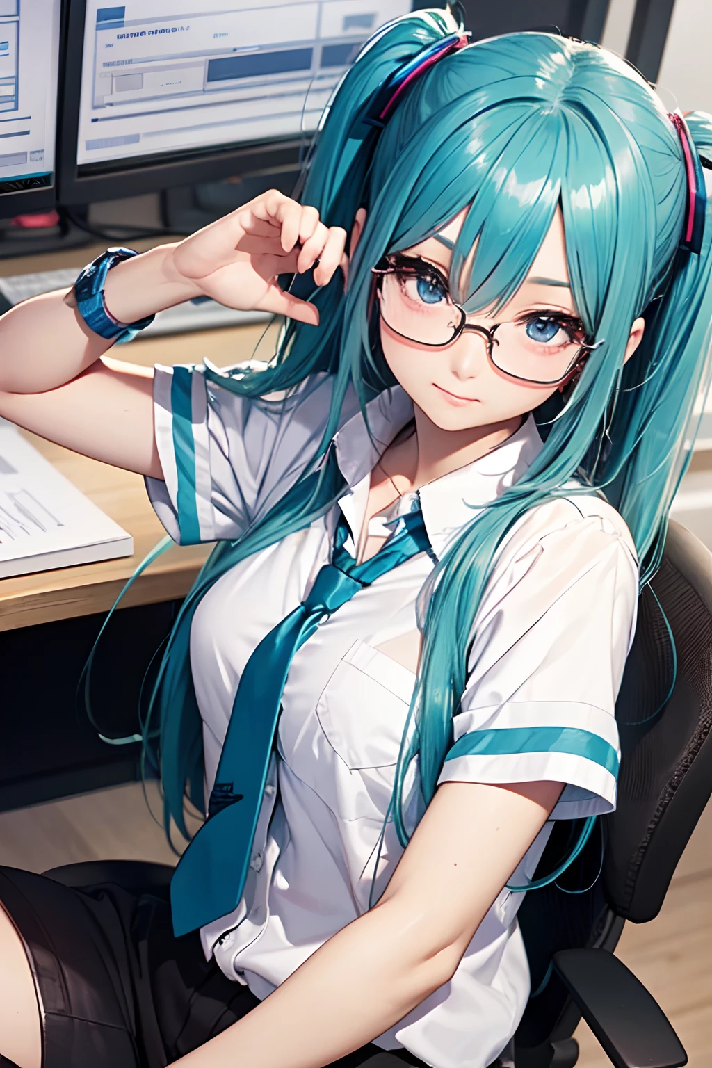 Cross-eyed、Drunk、Turned、( Silly / Sexual ecstasy)、Turned、eye glass、top-quality, Photorealistic, An ultra-fine illustrations, beautiful attractive anime girl, miku hatsune, Slender body, Tied hair, one girls, a photo of girl, Full body shot, Beautiful blue eyes, Turned, in a office、Sitting at your desk、Women's Suits、