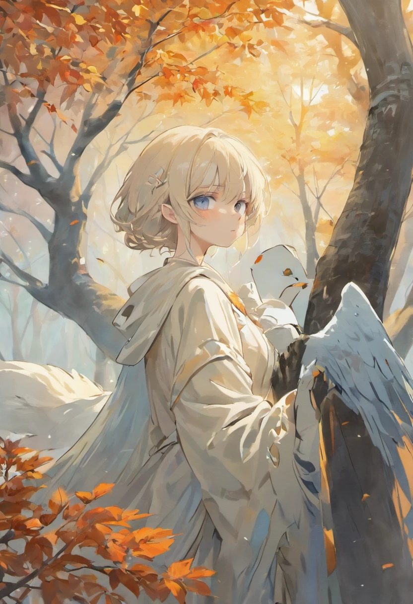best quality,4k,8k,alta resolução,masutepiece:1.2),ultra-detalhado,(Realistic,fotorrealista,Fotorrealista:1.37),White owl perched on a tree,belos olhos azuis detalhados,Plumagem detalhada Bonita, Elegant and fashionable appearance, Tree branches covered with majestic autumn foliage,foco nítido,Paleta de cores azul-branco,soft natural lighting,Contraste impressionante entre corujas e arredores,Detalhes sutis do bico e das garras da coruja,textura de penas,Atmosfera tranquila de Halloween,Dica de floco de neve no fundo nebuloso,Icy breath escaping from a white owl's beak,Quiet silence and serenity,ethereal and magical atmosphere,Sensation of Subtle Movements in the Pose of an Owl,Impeccable execution of owl feathers,casca texturizada,Sombras sutis e destaques de penas de coruja,Sinais de luar espreitando pelos galhos,peaceful and serene atmosphere,Dubious jack-o'-lantern