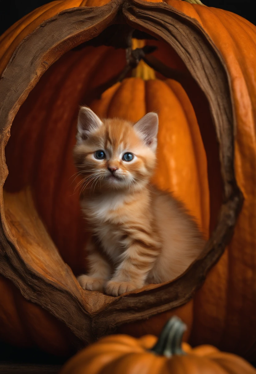 In a photo of an exotic short-haired lifelike cat peeking out mysteriously from inside a carved pumpkin、beard is twitching.