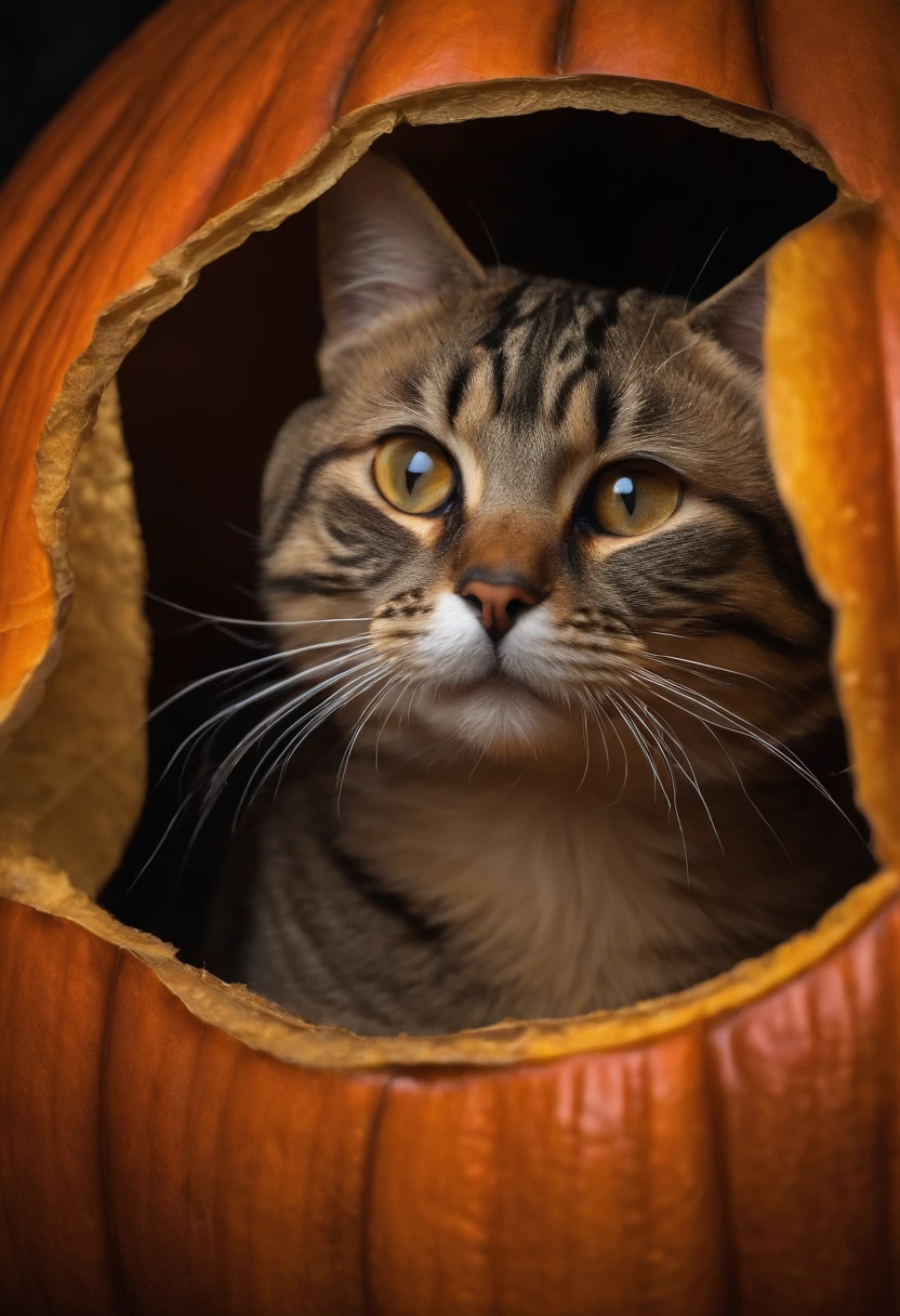 In a photo of an exotic short-haired lifelike cat peeking out mysteriously from inside a carved pumpkin、beard is twitching.