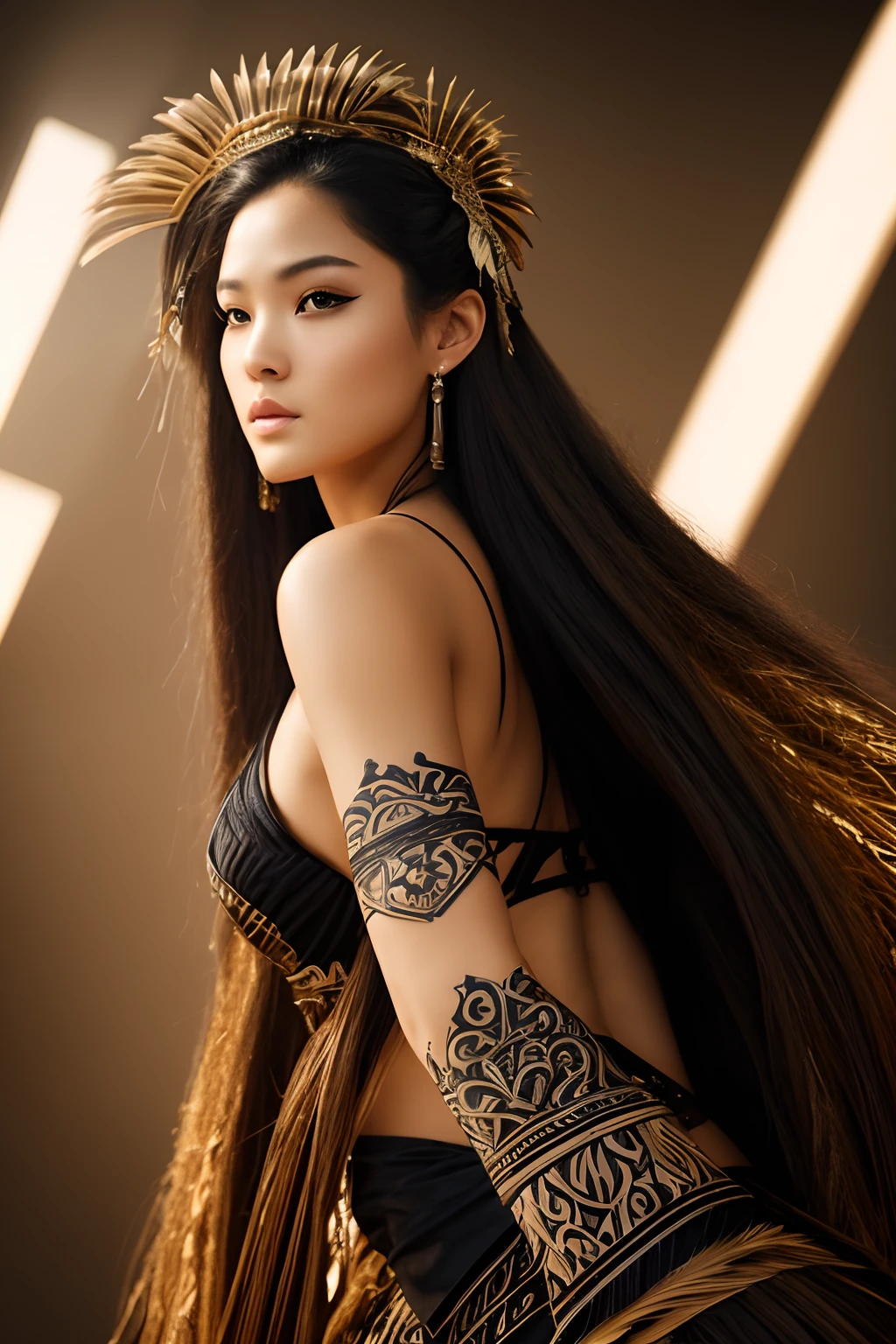 Best Quality, masuter piece, 超A high resolution, (Photorealistic:1.4), Raw photo, Professional Lighting, high-level image quality, high-detail, masterpiece、a 25 year old girl、Polynesian Dancer、Polynesian Costume、Pauskat、Polynesian dance、Polynesian dance、Beautiful studio soft lights、Rim Light、Vivid details、luxuriouscyberpunk、Ren Hao、surrealistic、Anatomical、face muscles、elegent、beatiful backgrounds
