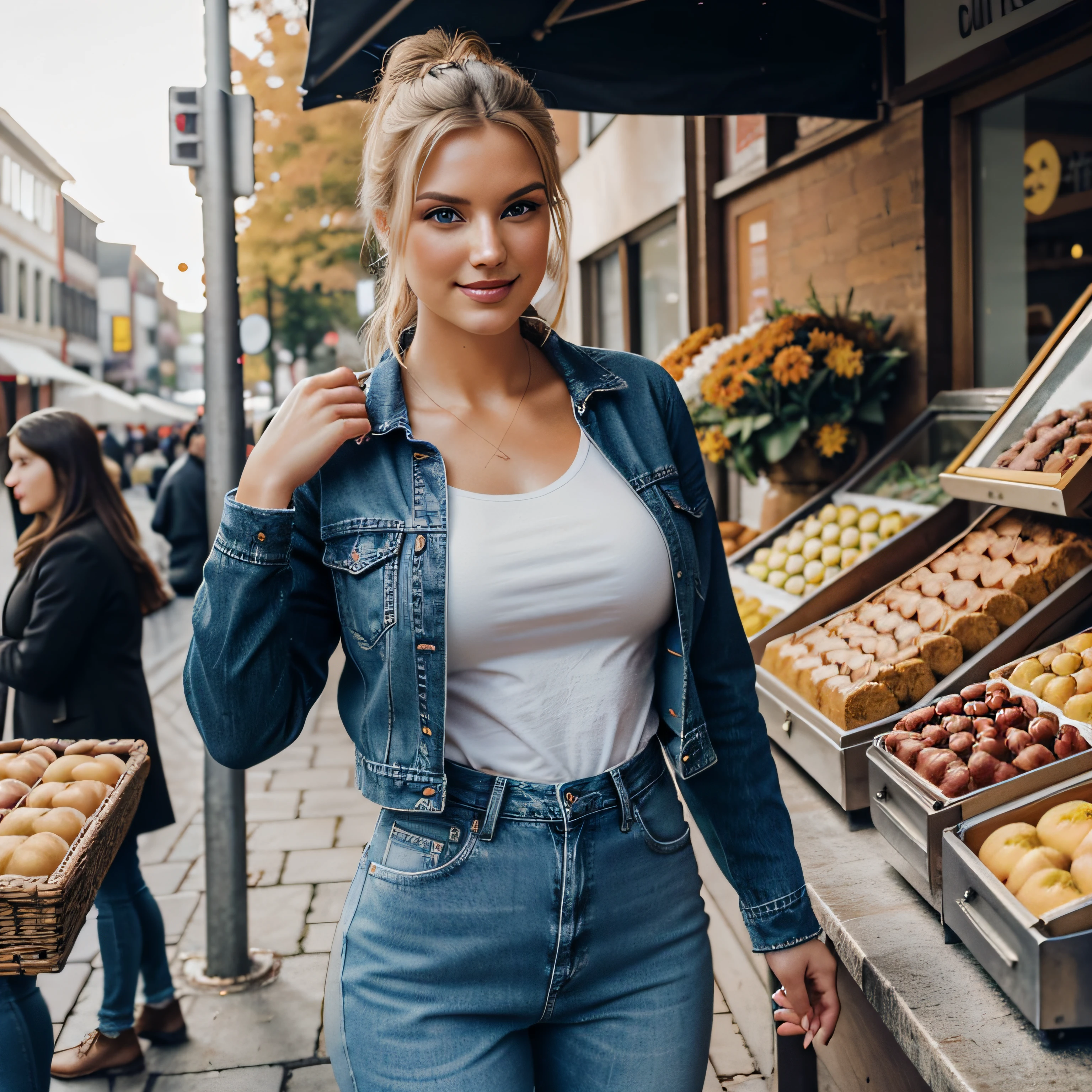 Generate a cozy photoshoot featuring a woman at the autumn festival. The charismatic ((blonde)) influencer should be 20 years old, standing at approximately 5'9" tall. She has a beautiful hair-bun, She possesses a fit figure, emphasized by her breasts. Her complexion is flawless, adorned with a warm, sun-kissed tan. Her expressive blue eyes radiate charisma, reflecting her relaxed and confident demeanor. She has a beautiful smile. She has ((perfect fingers))
Autumn is dressed in body-tight jeans and a warm cozy jacket.
The setting is at the festival creating an inviting and busy vibe. She stands near a corner vendor, who sells fresh pastries.
The photography should emphasize the serene and charming nature of the scene, with photorealistic details, path tracing, specular lighting, volumetric face light, path traced hair, visible shadows, and an intricate, hyper-realistic