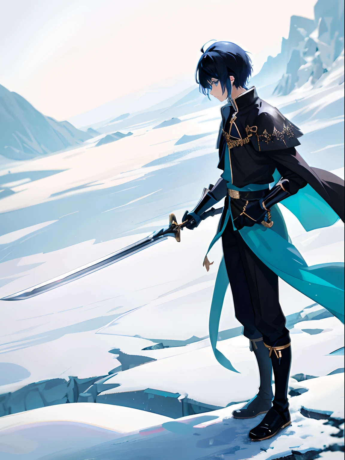 Anime boy standing on snow with short black hair and blue eyes,19-year-old boy,Black-haired swordsman,Turquoise blue eyes,Short hair with dull hair,Blue and black with meteor cape,black long pants,Stand on the snow,Silently watching you