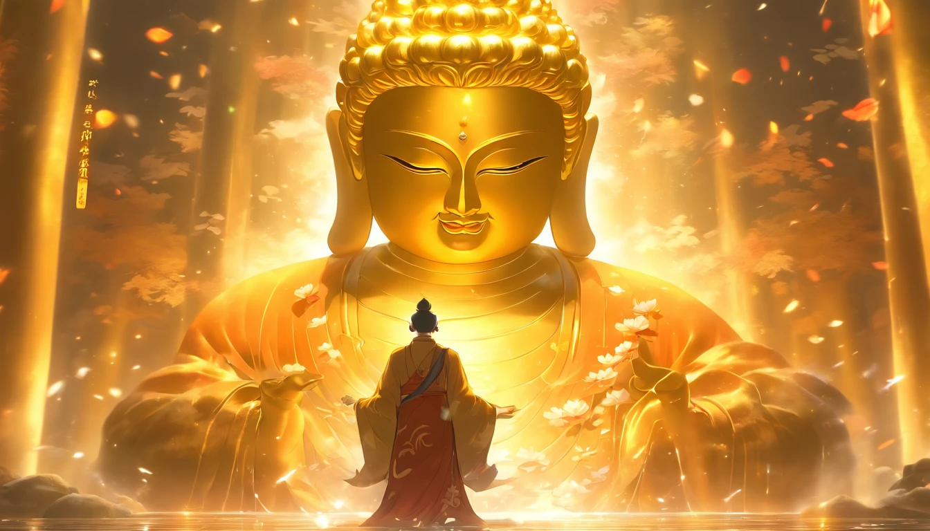 China-style，The Taoist stands in front of a huge transparent golden Buddha statue，Stretch your hands，Glow effects，8K，super-fine，tmasterpiece，high qulity