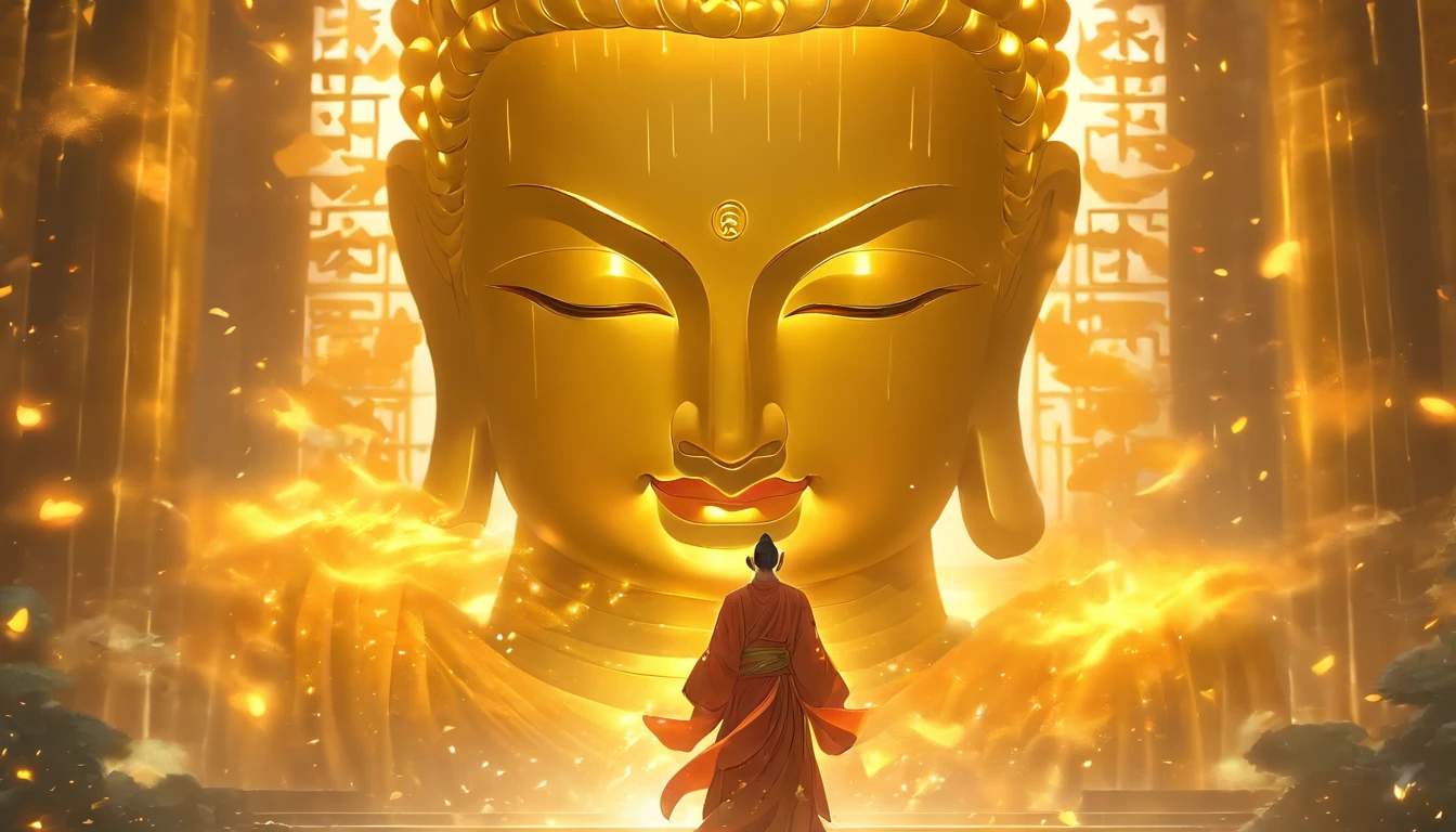 China-style，The Taoist stands in front of a huge transparent golden Buddha statue，Stretch your hands，Glow effects，8K，super-fine，tmasterpiece，high qulity