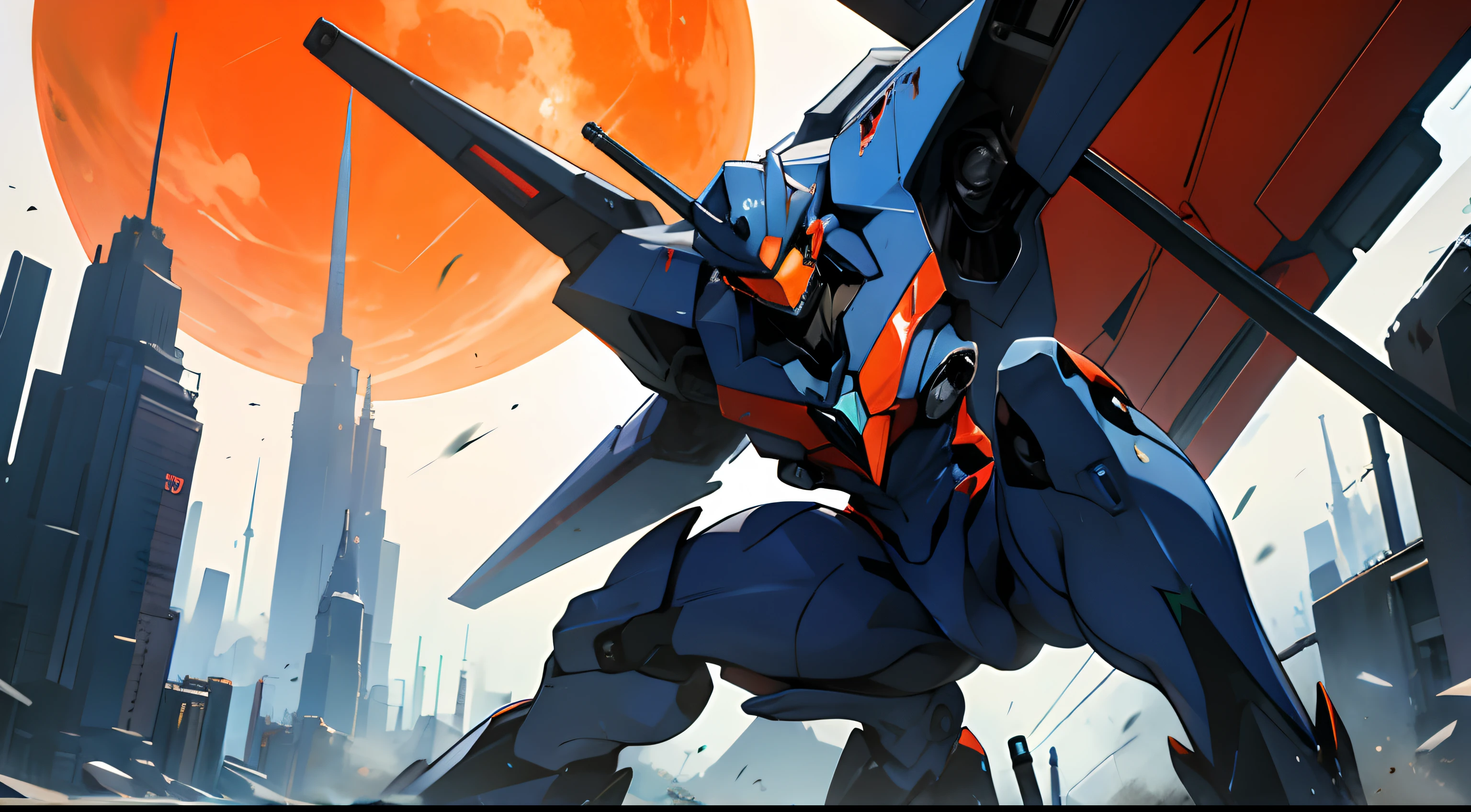 evangelion style, 1mecha shooting blue laser gun, orange Armour
