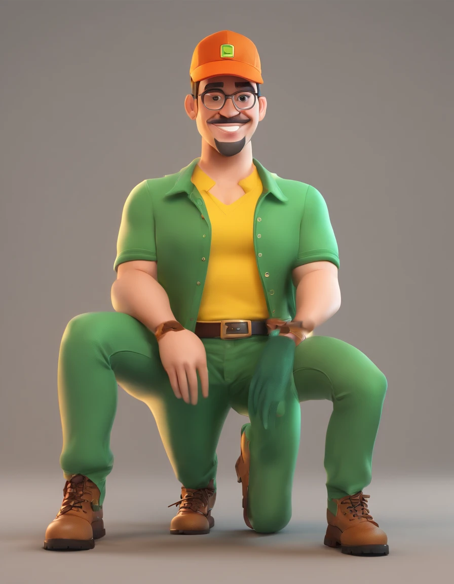 Homem estilo cartoon, with cap, Botas de trabalho, camisa polo verde, baggy pants.