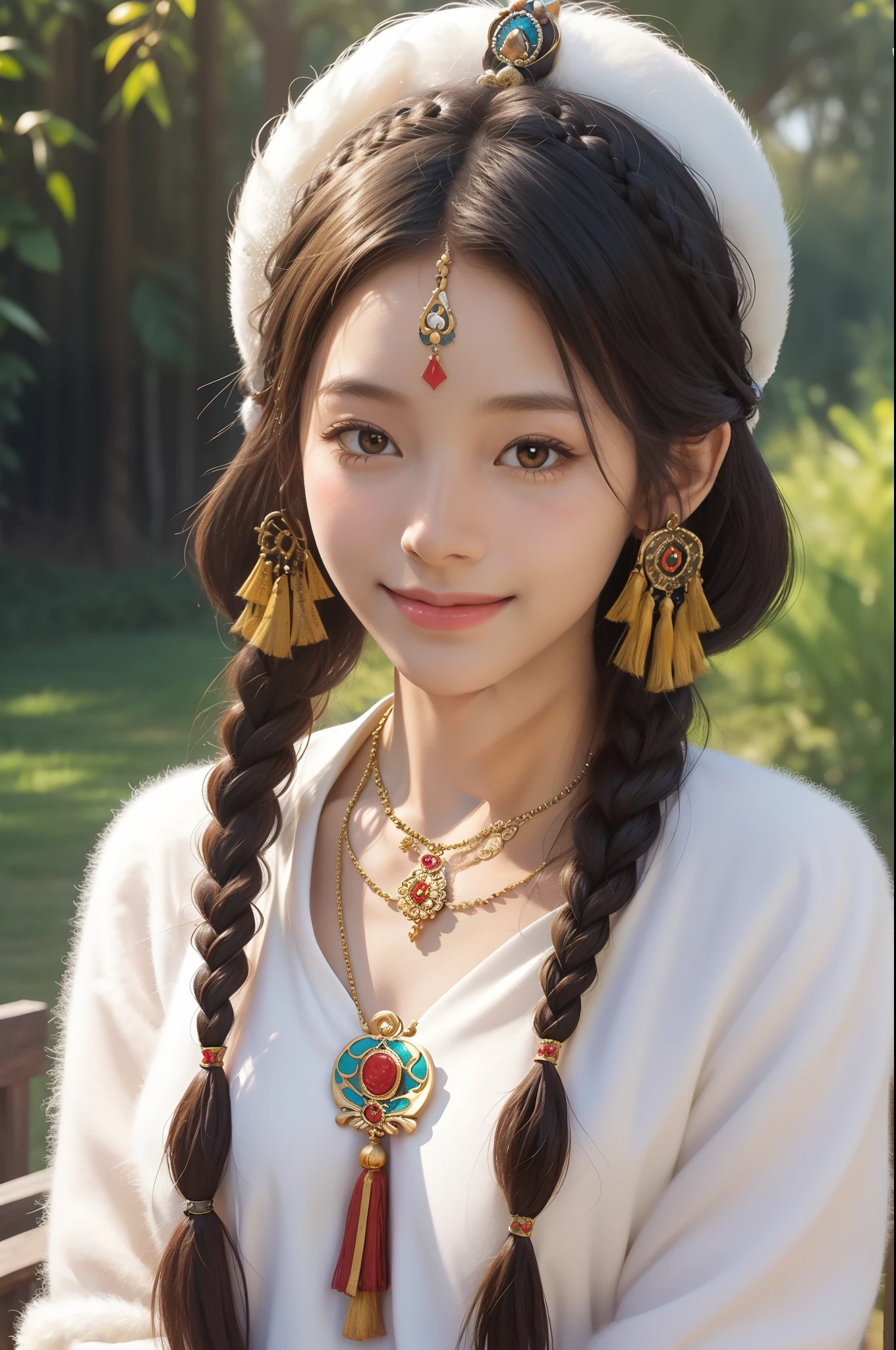 A girl, long braids, Tibetan girl, close-up, slightly raised head, smile, front photo, upper body, bust photo, Tibetan costume, colorful costume, collar with fluff, fluff collar, high-end Tibetan clothing, cumbersome Tibetan clothing design, cold clothing, winter clothing, appearance Yang transcendence, round face shape, gorgeous Tibetan clothing, cumbersome Tibetan necklace, cumbersome Tibetan headdress, colorful headband, live CG, sweet style, film style, HD 4K, photography effect, studio effect, white halo, mythological style, Snowfield background, character core, picture ratio 16:9, fresh mask.