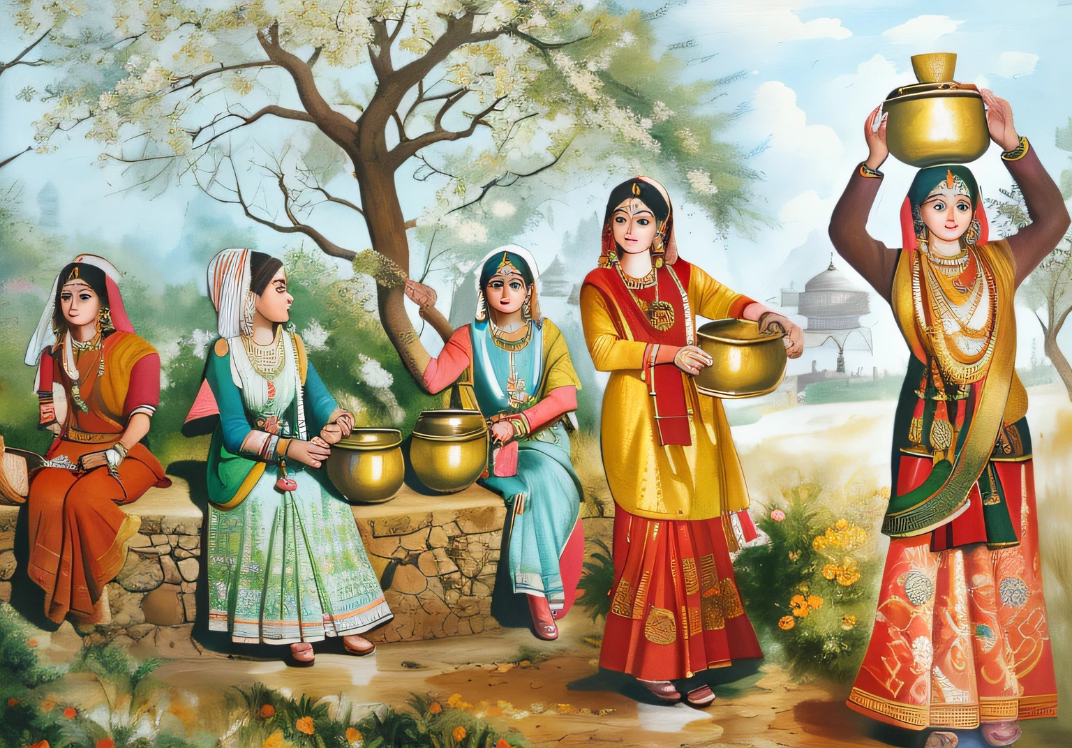 painting of a group of women carrying pots on their heads, traditional painting, indian art, by Sardar Sobha Singh, in a village, traditional oil painting, oil on canvas painting, ditigal painting, oil-painting, oil - painting, beautiful women, style of old painting, vibrant scene, detailed paintings, exhibition of paintings, historical painting, by Manjit Bawa