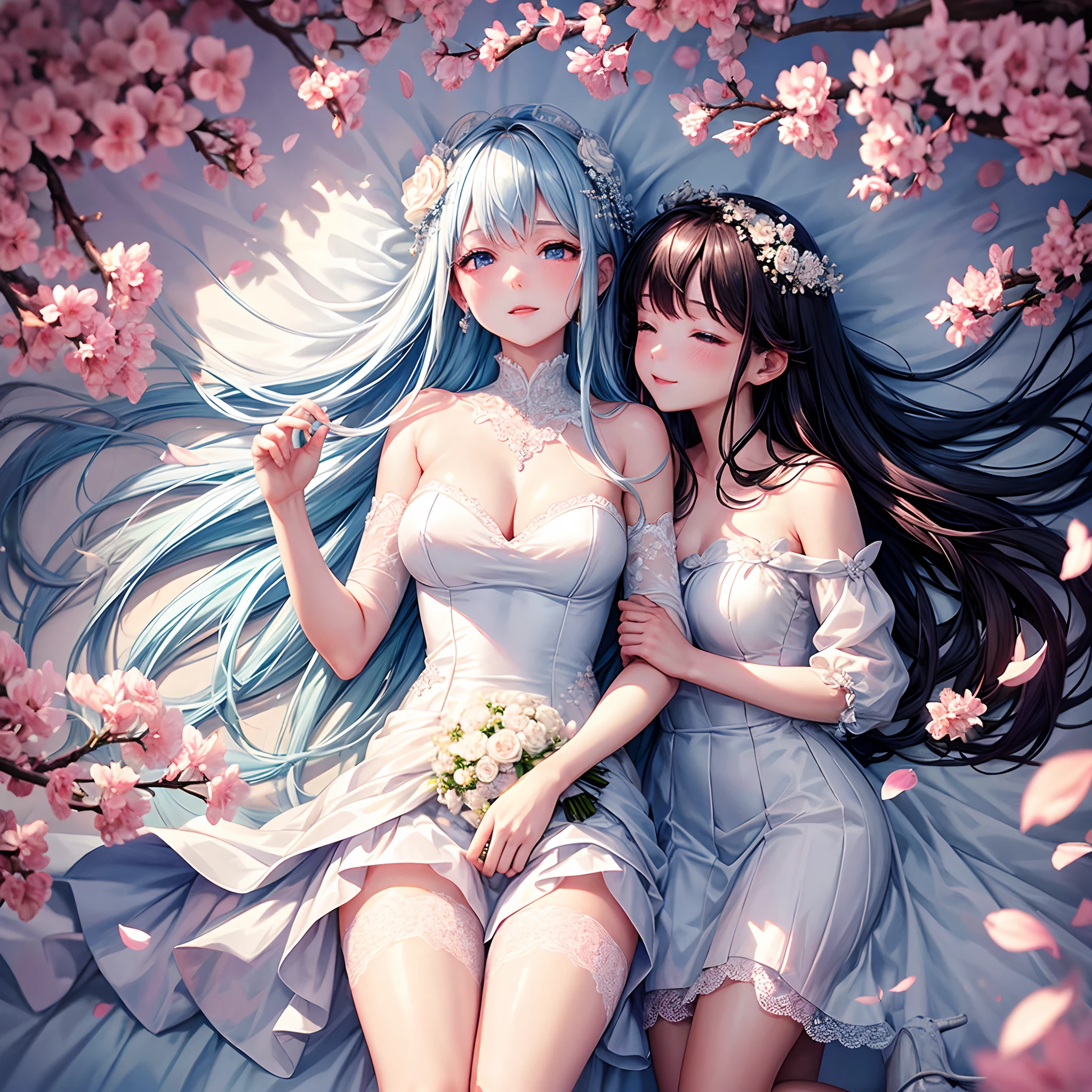 cherry_blossoms, Falling_petals, petals, branch, Pink_flower, 1girll,20yr old, Blue_sky, Spring_\(season\), petals, flower, hanami, dress, (Long straight blue hair:1.5), Wear a garland, sky,exteriors,clouds,By bangs,ssmile,Blue eyes,White wedding dress,white lace legwear,Diamond crystal heels,Lace gloves,exposed bare shoulders,diamonds earrings,Detail enhancement,perfect hand,Bouquet stamens,ventania,The tree,best qualtiy,detail-rich,Perfect image quality。