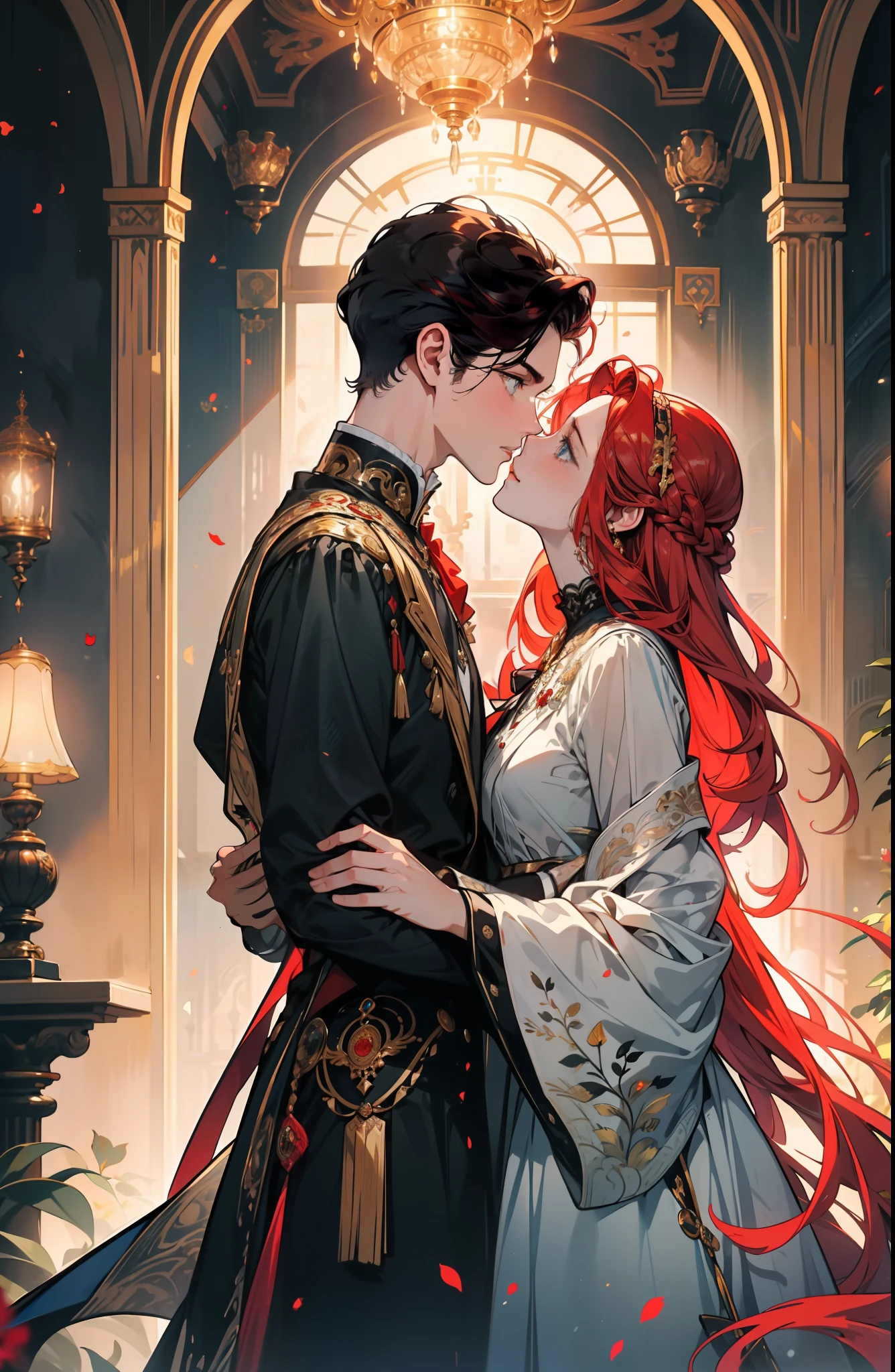 ((masterpieces)), best quality, exceptional illustration, a couple kissing, soft focus, 1 boy with short black hair, BLUE EYES, 1 girl with long wavy red hair, GOLDEN YELLOW EYES, Victorian clothing, Victorian romanticism, opulent and exquisite atmosphere, soft light and warm lighting.