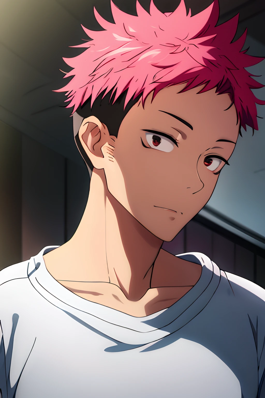 masutepiece, Best Quality, High quality, 1boy, Solo, Male Focus, Looking at Viewer, Upper body, polygon_Yu II, Pink hair, Undercut, student clothes