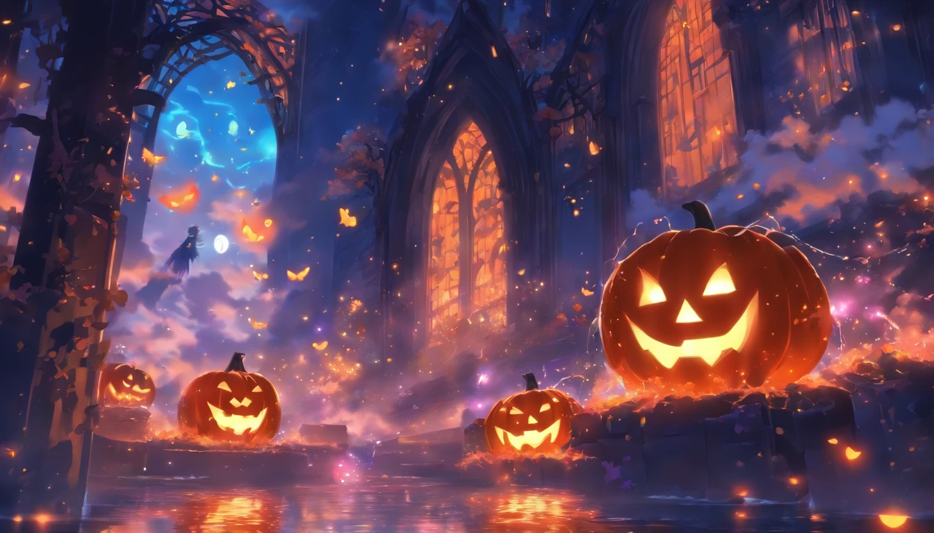 Halloween floating lights, Light and reflections in movies, Glowing lights, An intermediate element of the metaverse，Digital painting, Bright reflections, reflect, Halloween Jack Lantern, Quiet night, Digital illustration, Lovely atmosphere, Skylight at night, Quiet atmosphere at night, Jack-o'-lantern, Halloween, it's nighttime, Ten, game scenes, Halloween, Surrounded by clouds, Architecture of New York, Enamelled tiles,  beautiful color, There are three arches in the foreground((Shade placement ink ) ), ((Splashing ink) Inky})), tmasterpiece, High career, graphics beautiful, High details,magnifica
