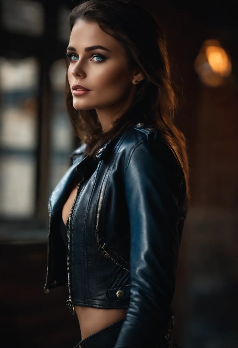 Photograph of a beautiful woman walking down the street. Rune tattoos (masterpiece) (realism) very high quality, super detailed face, 8k UHD, big breasts, sexy woman, fitness body. (Leather jacket) focus on face, sharpness, detailed face, high quality eyes, blue eyes, wavy dark brown hair. Fitness body with muscles. Abdomen defined. High neckline