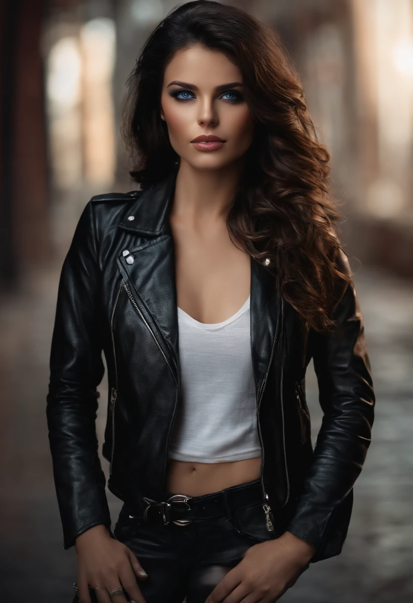 (best quality,realistic:1.37),sexy,dark hair,blue eyes,leather jacket,girl,without t-shirt,detailed eyes, detailed lips,vivid colors,dramatic lighting