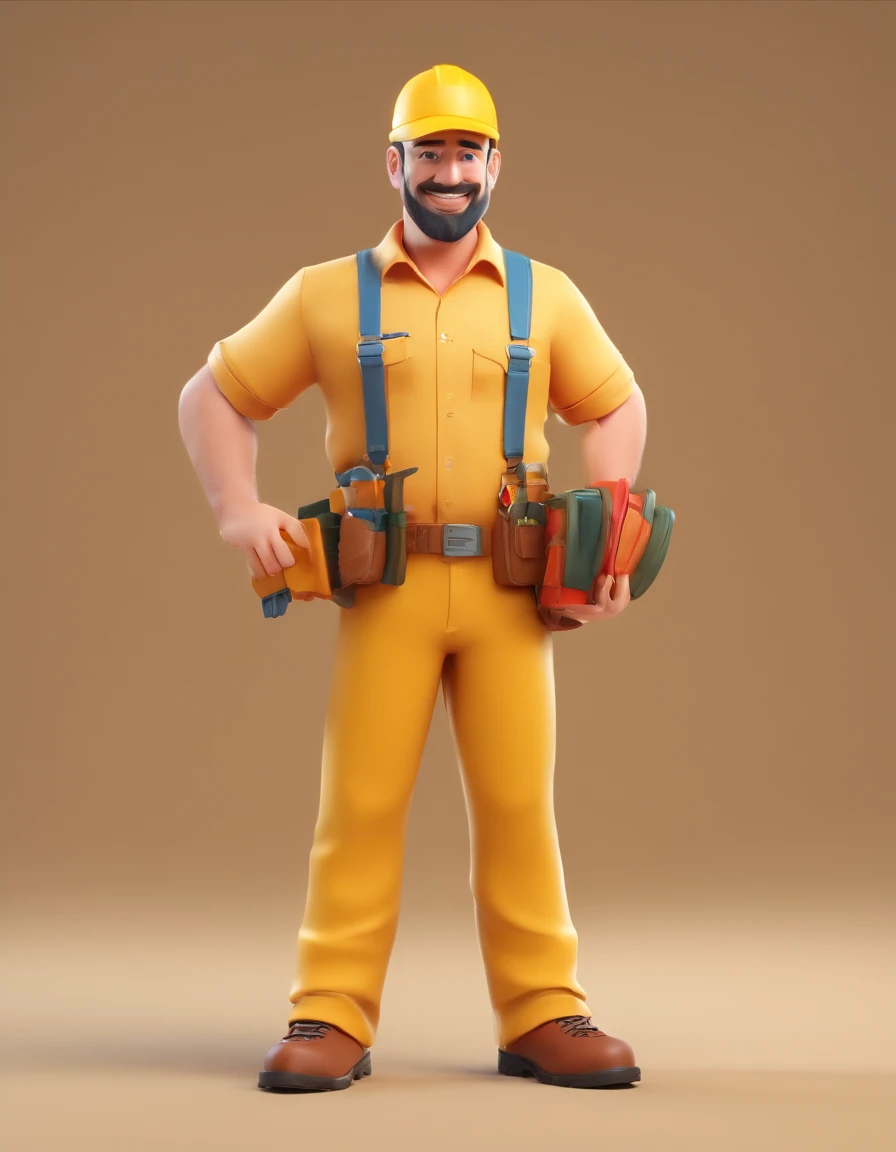 Homem estilo cartoon, with cap, Botas de trabalho, camisa polo amarela, baggy pants, placa solar, in the hand.
