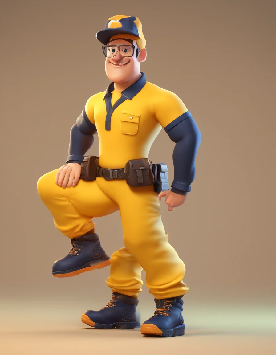 Homem estilo cartoon, with cap, Botas de trabalho, camisa polo amarela, baggy pants, placa solar, in the hand.