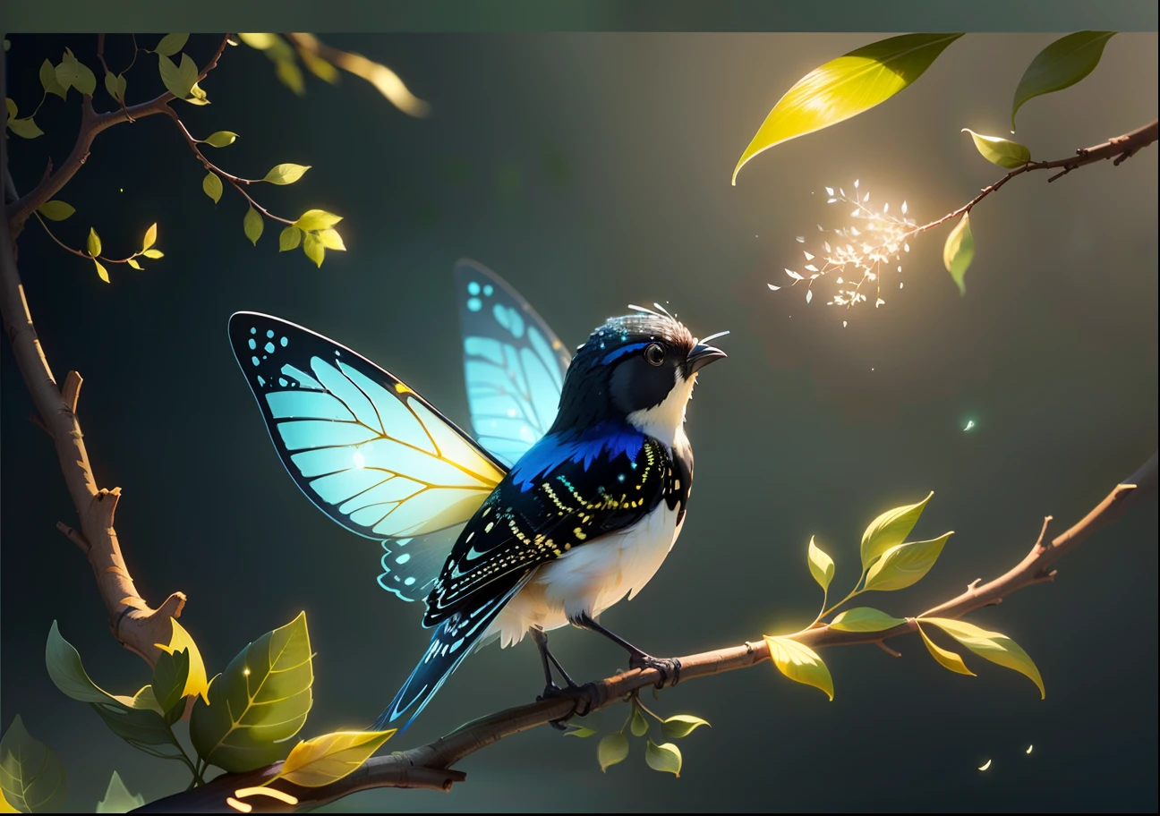 A black quaio bird sitting on branch of tree. masterpiece、best qualtiy、Stunning reflections、Best reflection ever。 (Highly detailed CG Unity 8k wallpapers)、(top-quality)、(The best illustrations)、(Best Shadows)、Forest theme with natural elements。Tall trees々、Quiet creek、Small glowing mushrooms surrounded by delicate leaves and branches、Fireflies and glowing particle effect、、(Natural elements)、(Jungle theme)、(fronds)、(Twigs)、(fireflys)、butterflys、(delicate)fronds)、(Glow)、(particle effect)。 、Isometric 3D、Octane Rendering、lay tracing、ultra-detailliert、((Little Fairies))