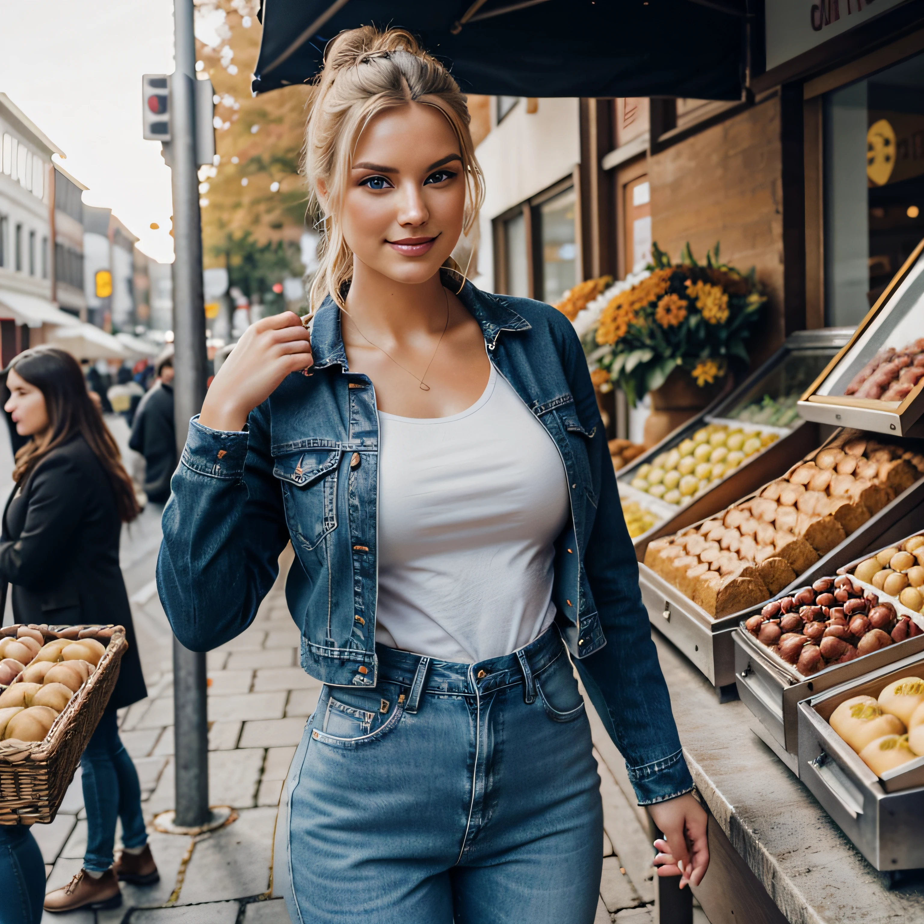 Generate a cozy photoshoot featuring a woman at the autumn festival. The charismatic ((blonde)) influencer should be 20 years old, standing at approximately 5'9" tall. She has a beautiful hair-bun, She possesses a fit figure, emphasized by her breasts. Her complexion is flawless, adorned with a warm, sun-kissed tan. Her expressive blue eyes radiate charisma, reflecting her relaxed and confident demeanor. She has a beautiful smile. She has ((perfect fingers))
Autumn is dressed in body-tight jeans and a warm cozy jacket.
The setting is at the festival creating an inviting and busy vibe. She stands near a corner vendor, who sells fresh pastries.
The photography should emphasize the serene and charming nature of the scene, with photorealistic details, path tracing, specular lighting, volumetric face light, path traced hair, visible shadows, and an intricate, hyper-realistic