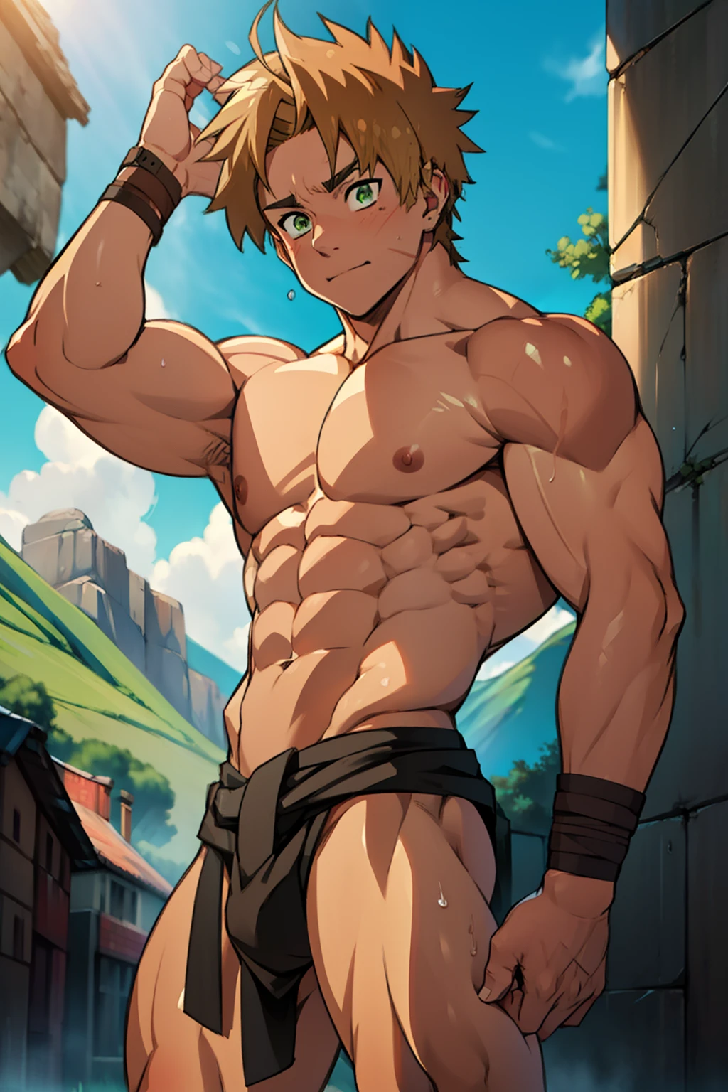 Shiny skin, Red skin, rosy skin, bright red skin, the boy blushed shyly, red face (muscular thigh muscles )(Naruto anime style, art) (photo angle from bottom up) (photo angle from the ground upwards) [Anime photo][highest quality photo][4k,HD photo quality ] wear tight and short loincloths ,the loincloth bulges due to the erect male genitals (muscular thigh muscles, firm thigh muscles, muscular thigh muscles, sinewy thigh muscles, giant thigh muscles, strong leg muscles, muscular hamstring leg muscles)(thigh muscles bulging as if about to explode, muscular, calloused, sinewy, giant) , Rudeus Greyrat, shy, pensive, tired,boy is tightening his abdominal muscles, bodybuilder,bodybuilding, standing, lots of sweat flowing down, topless, shirtless, hot sunny, 8 pack abs , short hair , green eyes, 1 hand strokes hair