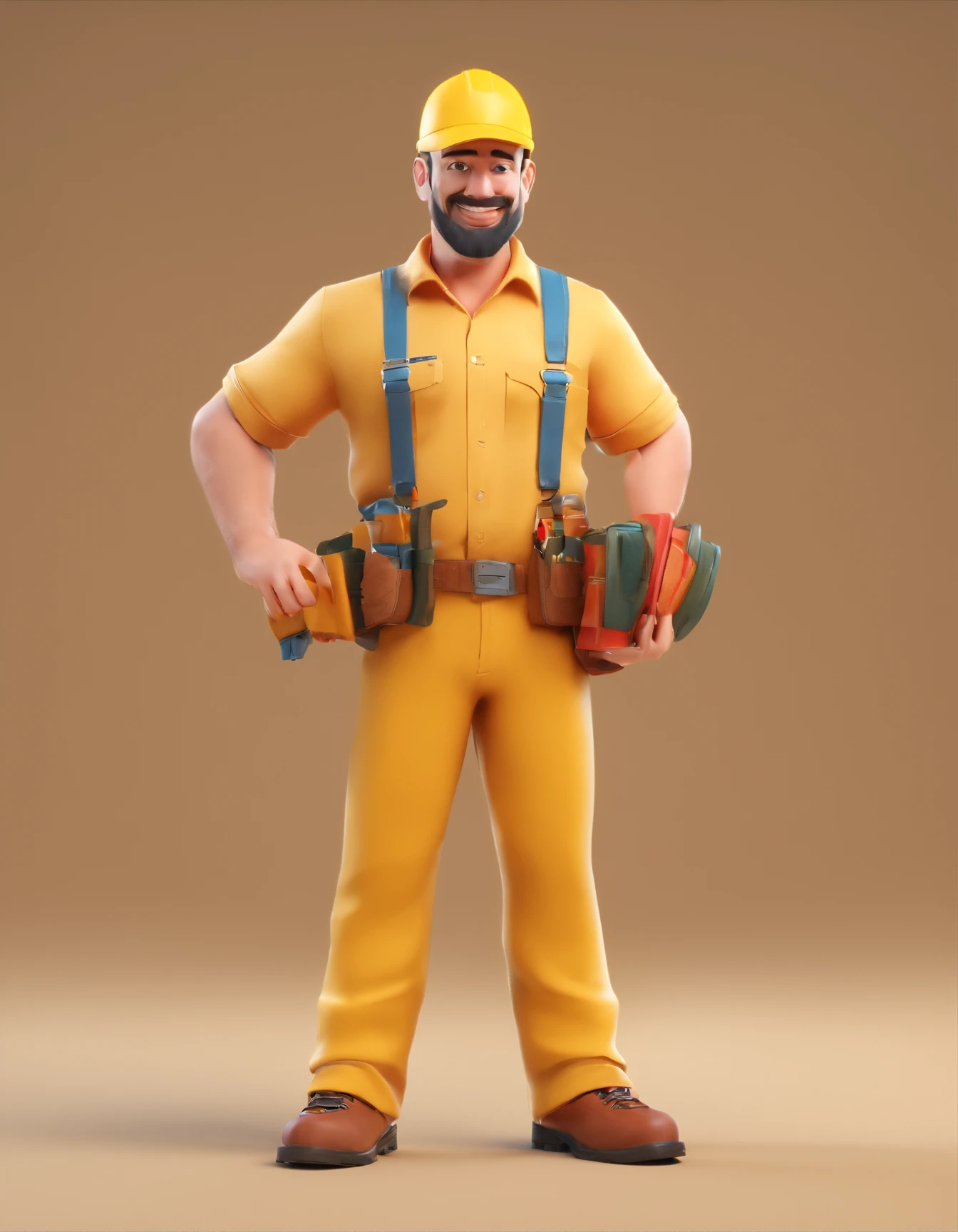 Homem estilo cartoon, with cap, Botas de trabalho, camisa polo amarela, baggy pants, placa solar, in the hand.