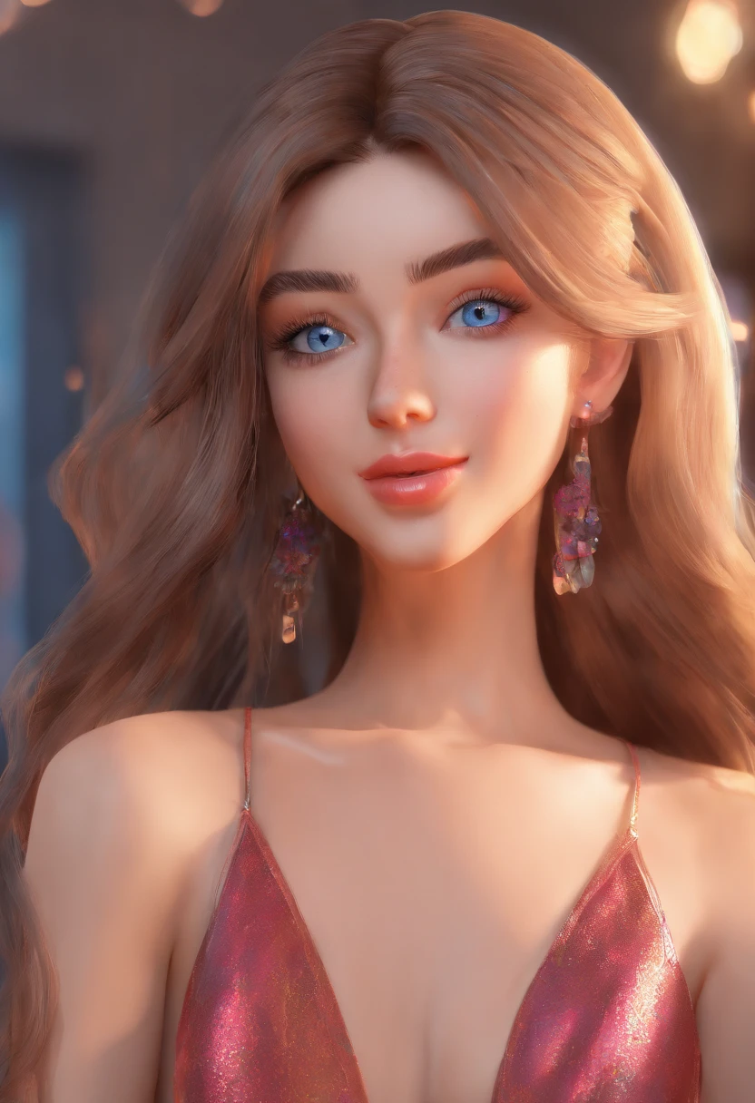 arafed woman fully , sexy girl with blue eyes, ultra realistic, meticulously detailed, portrait sophie mudd, brown hair and large eyes, selfie of a young woman, violet myers, without makeup, natural makeup, looking directly at the camera, face with artgram, subtle makeup, stunning full body shot standing, in a club, medium to large size bust