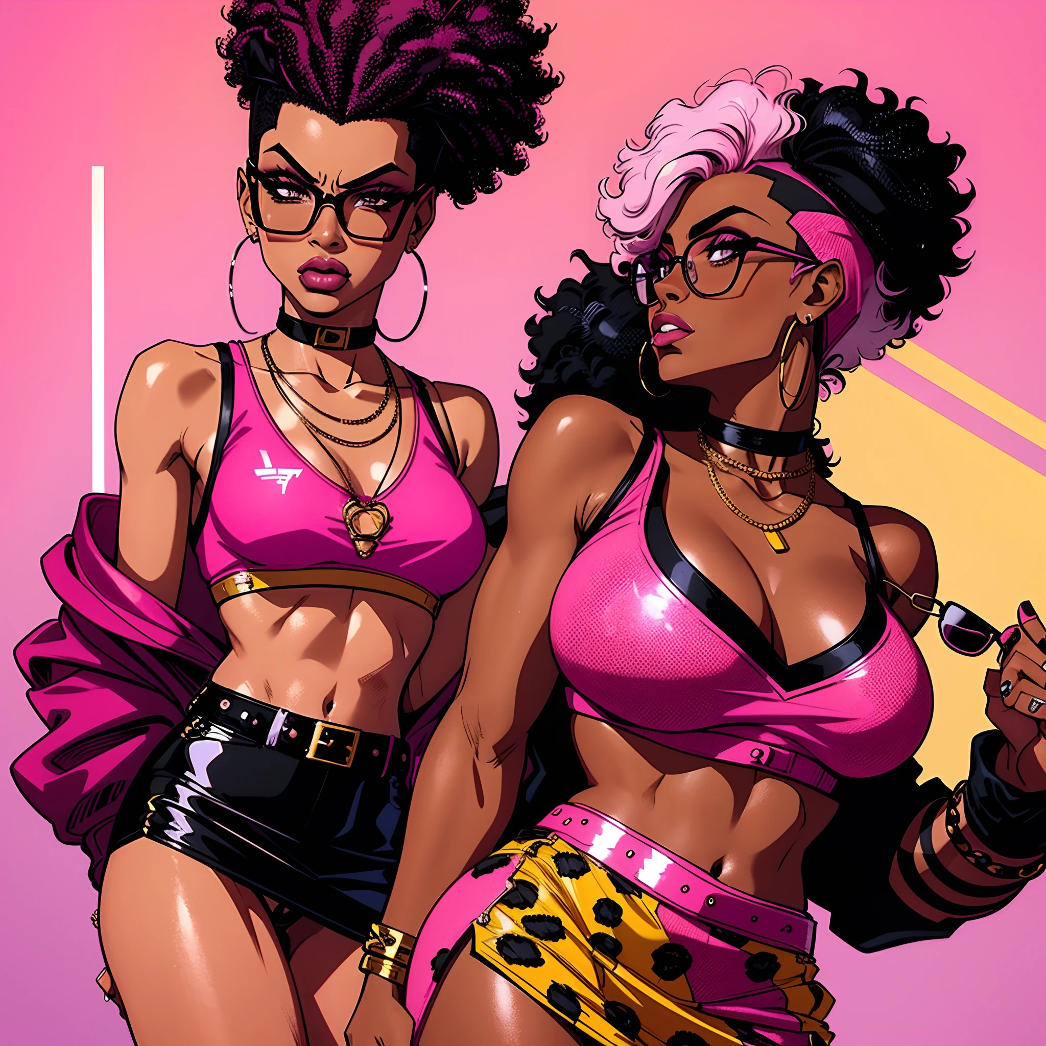 Androgynous, Early 1990's fashion, Mcbling anesthetic clothing, slim rectangle shaped glasses, pink glasses, african american, non-binary, bitchy, fashionable, diva, afro, pink and black hair, cheetah print, trashy, mean, angry, bitchy attitude, bright colors, mini skirt, tanktop, jacket, trashy fashion, trashy makeup, iconic, afro hair, dark skinned, party, solo, looking up at camera