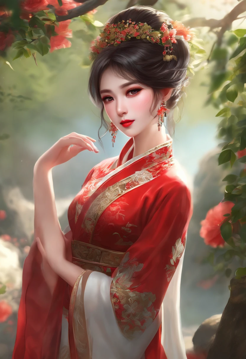 1girl,bush,fashi-girl,china dress,chinese clothes,hair flower,(masterpiece:1.4),(best quality:1.4),(shiny skin),red lips,looking at viewer,big breasts,cleft lip