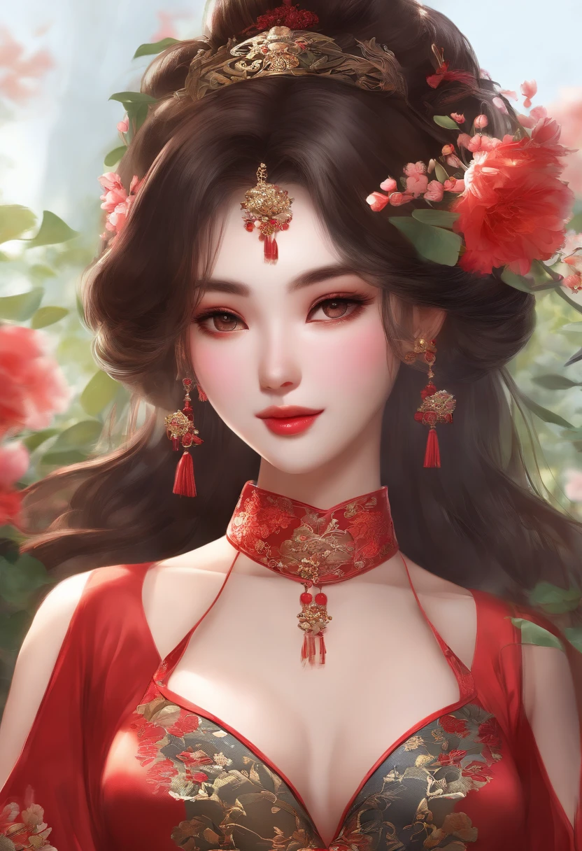 1girl,bush,fashi-girl,china dress,chinese clothes,hair flower,(masterpiece:1.4),(best quality:1.4),(shiny skin),red lips,looking at viewer,big breasts,cleft lip
