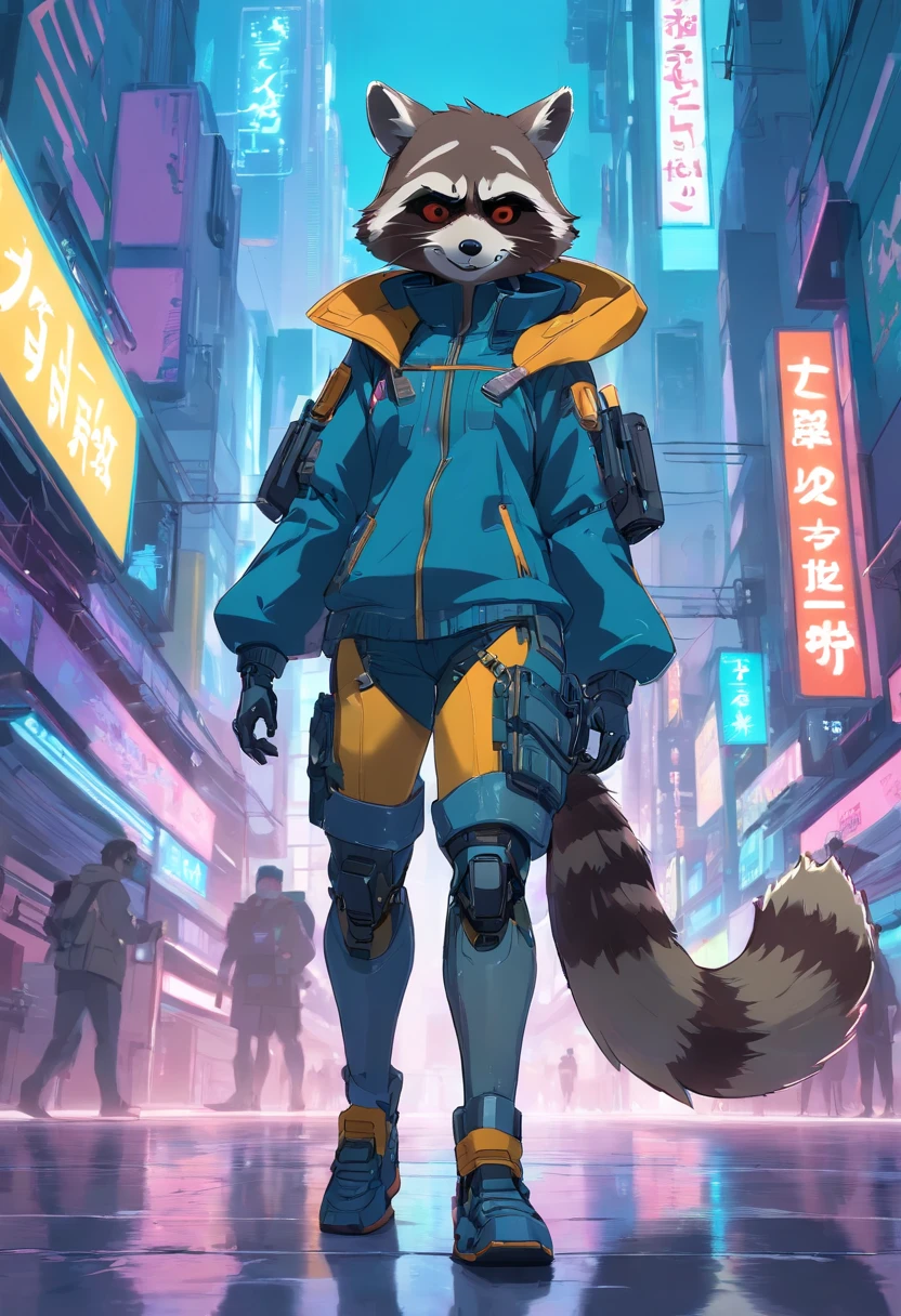 Agent raccoon cyberpunk style full body, Tech armor, Masks have no face,