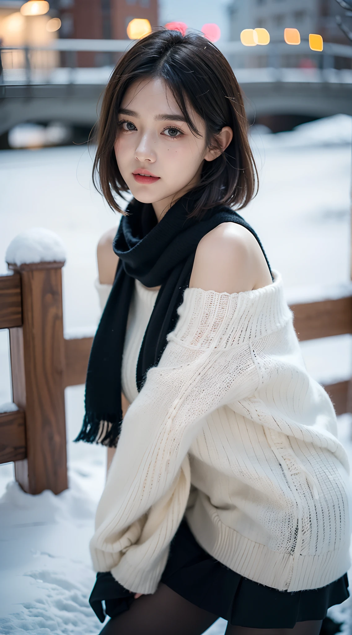 (closeup shot:1.4)、(Raw-Photo:1.2)、(Photorealcitic:1.4)、(masterpiece:1.3)、(Top Quality:1.4)、dream-like、(A detailed eye)、(Detailed facial features)、(detailed clothing features)、clear skin、(shinny skin)、(Slender and Beautiful Girl)、(Beautiful bridge lines)、one girls、(FULL BODYSHOT)、独奏、cute little、Happy smiling face、(tits huge)、beauty breast、bangss、Short bob、A dark-haired、black eyes、Long scarf、White wool sweater、off-the-shoulders、mini-skirt、Black thick pantyhose、Snow boots、I can see the panties、indecency、Erotic、