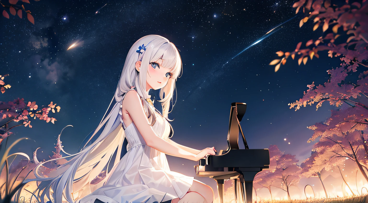 cute anime girl playing the piano, meadow, universe, galaxy, light particles, white dress, masterpiece