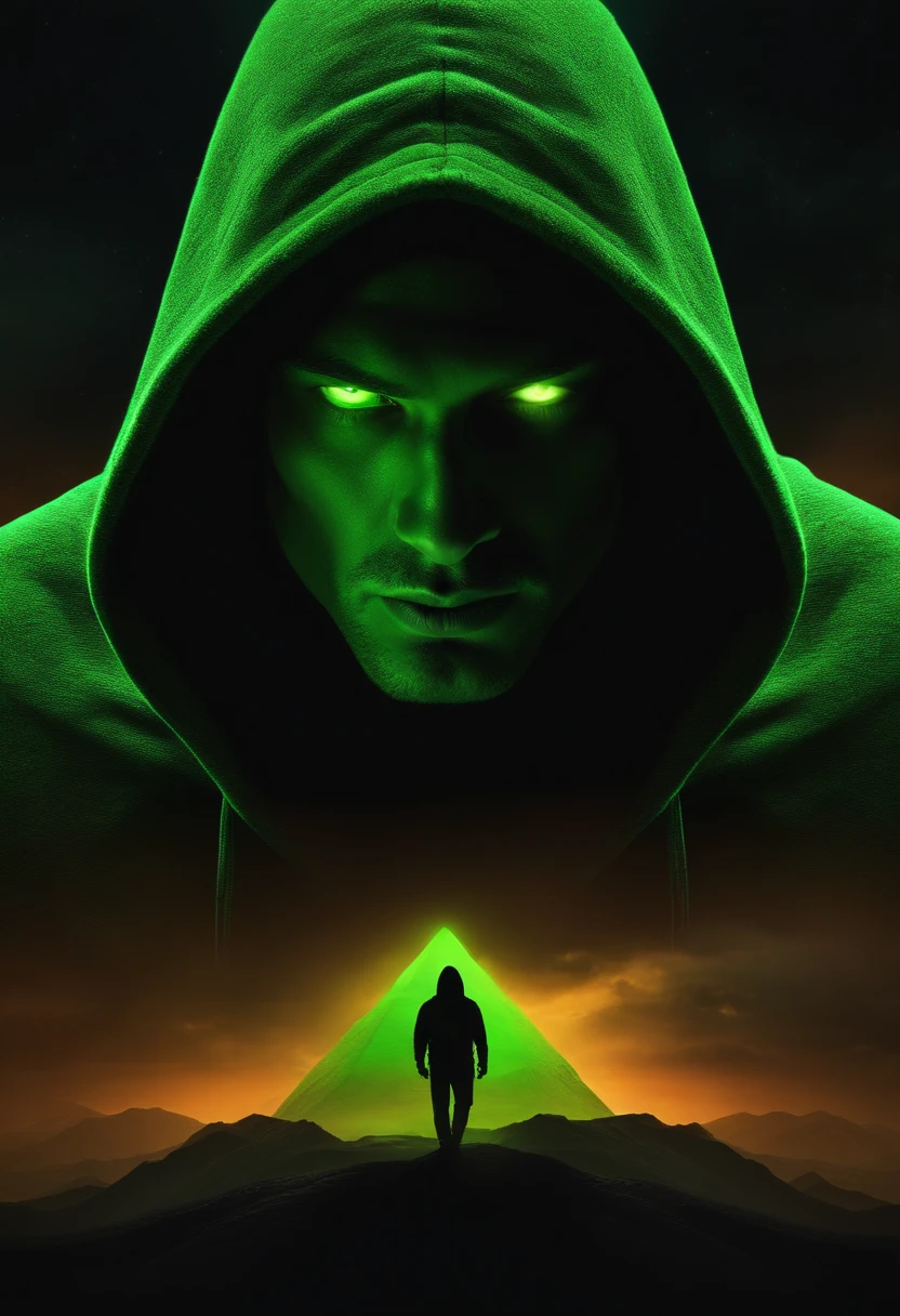 Human Man in Green Hood, With a mysterious and dark face, Eyes with glowing green lights, Bright landscape on background