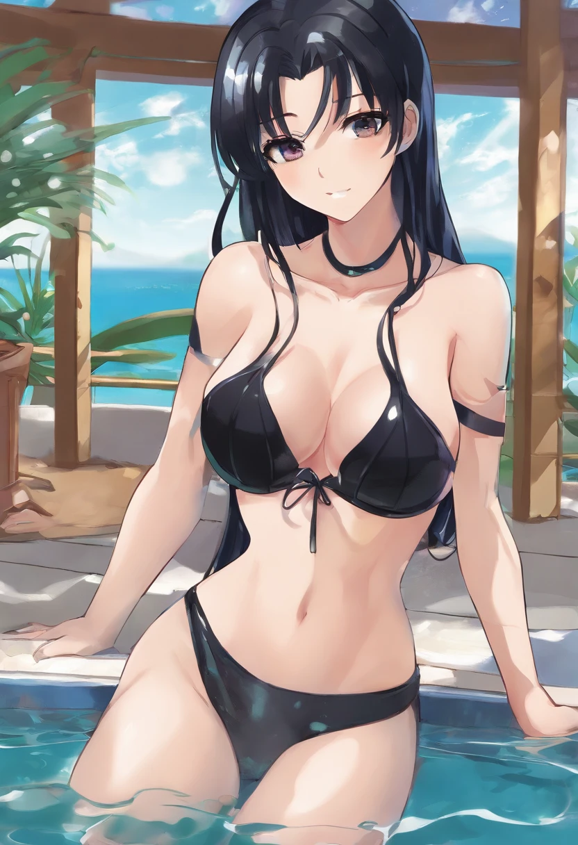 dutch angle, torso shot, cowboy shot, 1girl goth solo seductive black haired woman in a black bikini posing in a pool, sfw perfect body, pale skin, toned, gorgeous bikini model, big breasts, playboy centerfold, blushing
