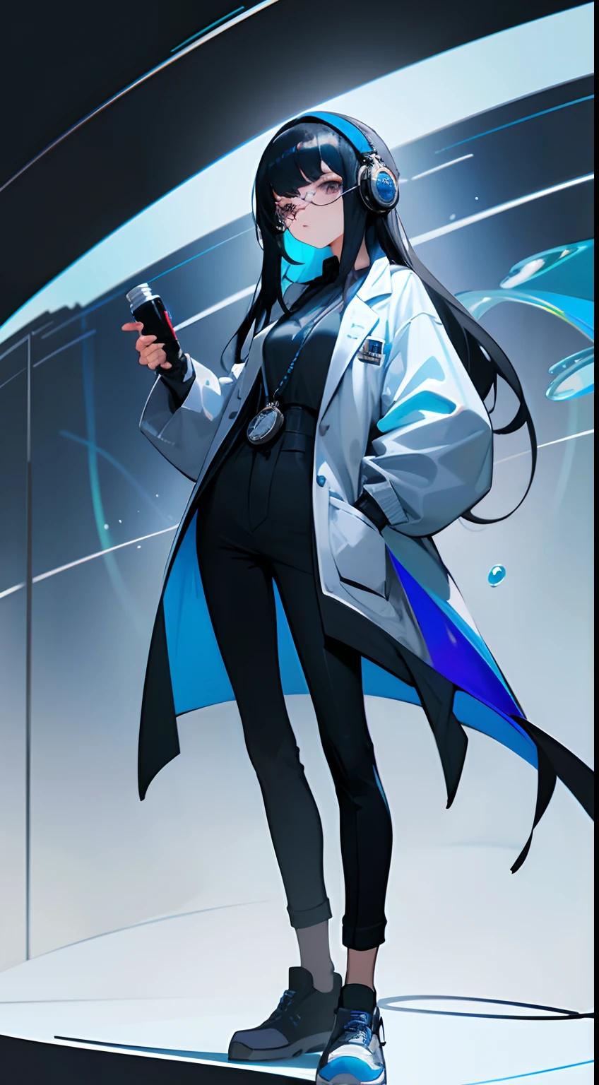 Full body Standing painting Best Quality Super Definition Illustration Girl in a lab coat Scientist Long black hair The tips of her hair are shiny blue Wearing glasses Grayish-white eyes Wearing blue headphones around her neck Cool Holding a flask with iridescent liquid Wearing black sneakers Wearing a silver pocket watch around her neck Silver Star Hair Ornament